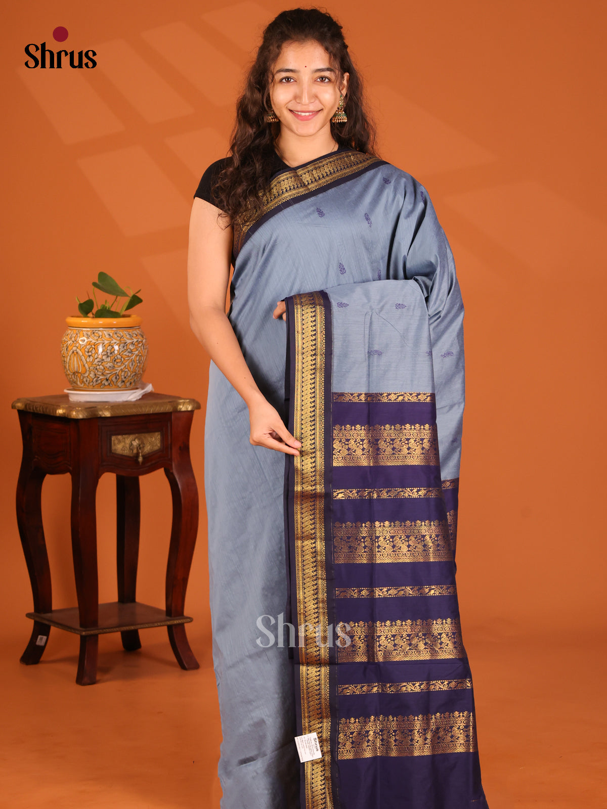 Classic Grey Kalyani Cotton Saree with Blue Zari Pallu & Border - Shop on Shrus.com