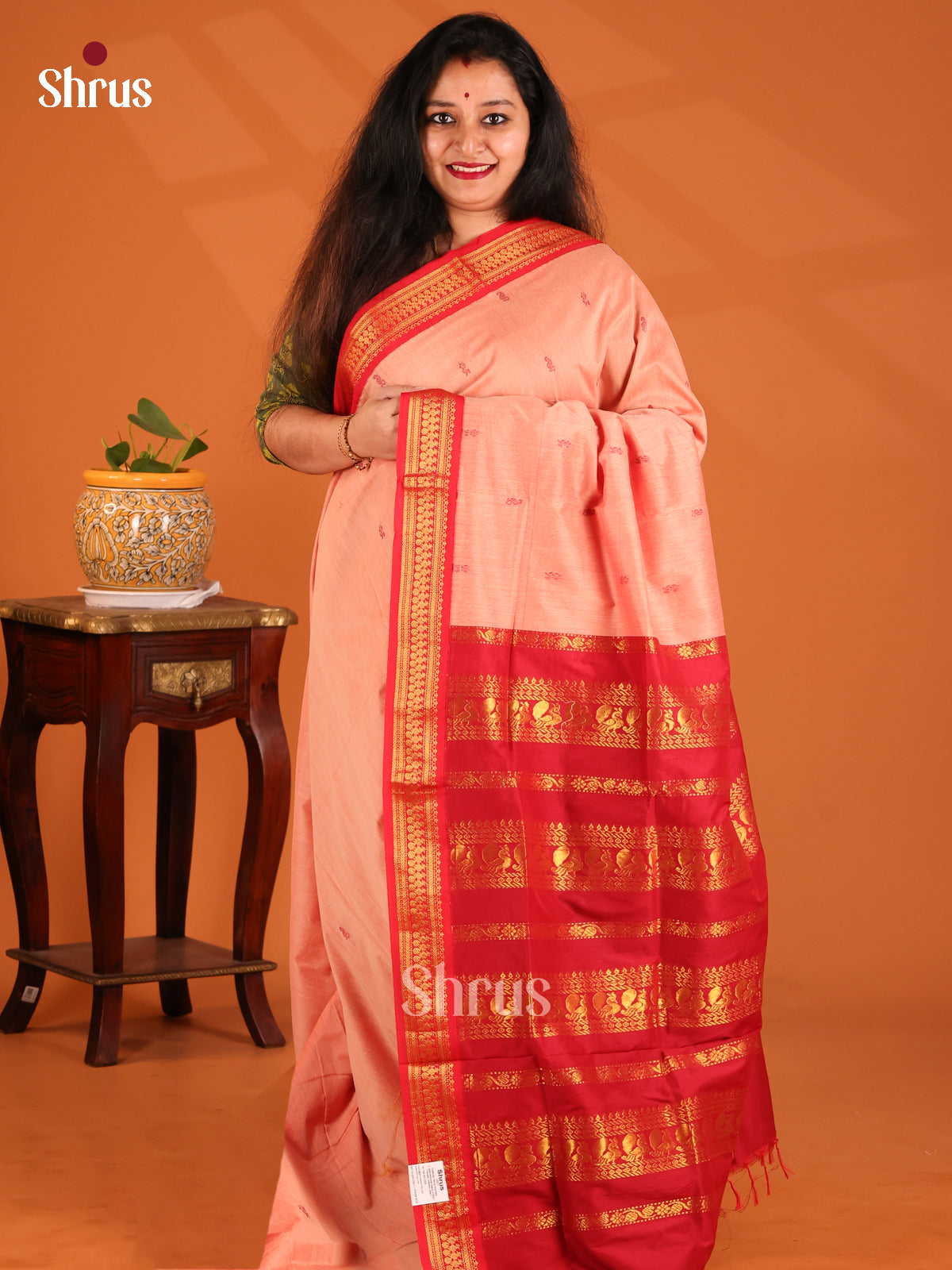 Peach with Red- Kalyani Cotton Saree - Shop on Shrus.com