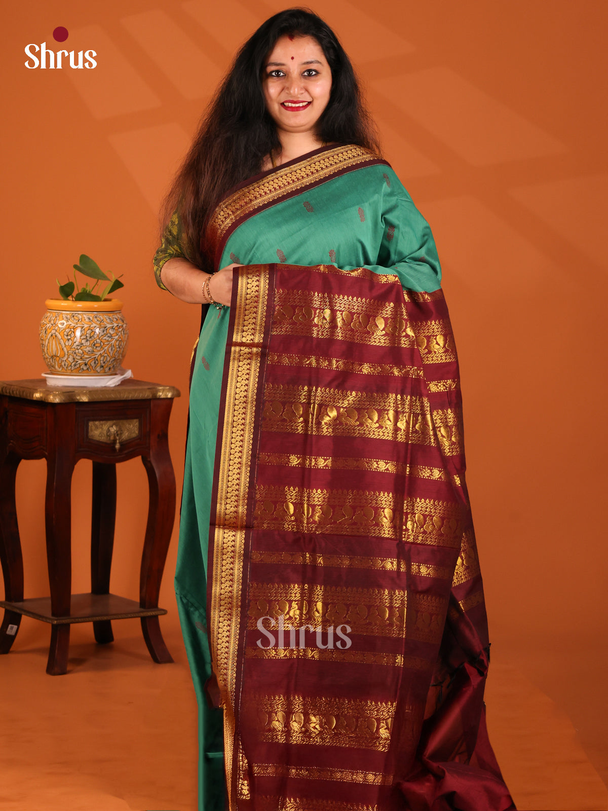Green with Maroon- Kalyani Cotton Saree - Shop on Shrus.com