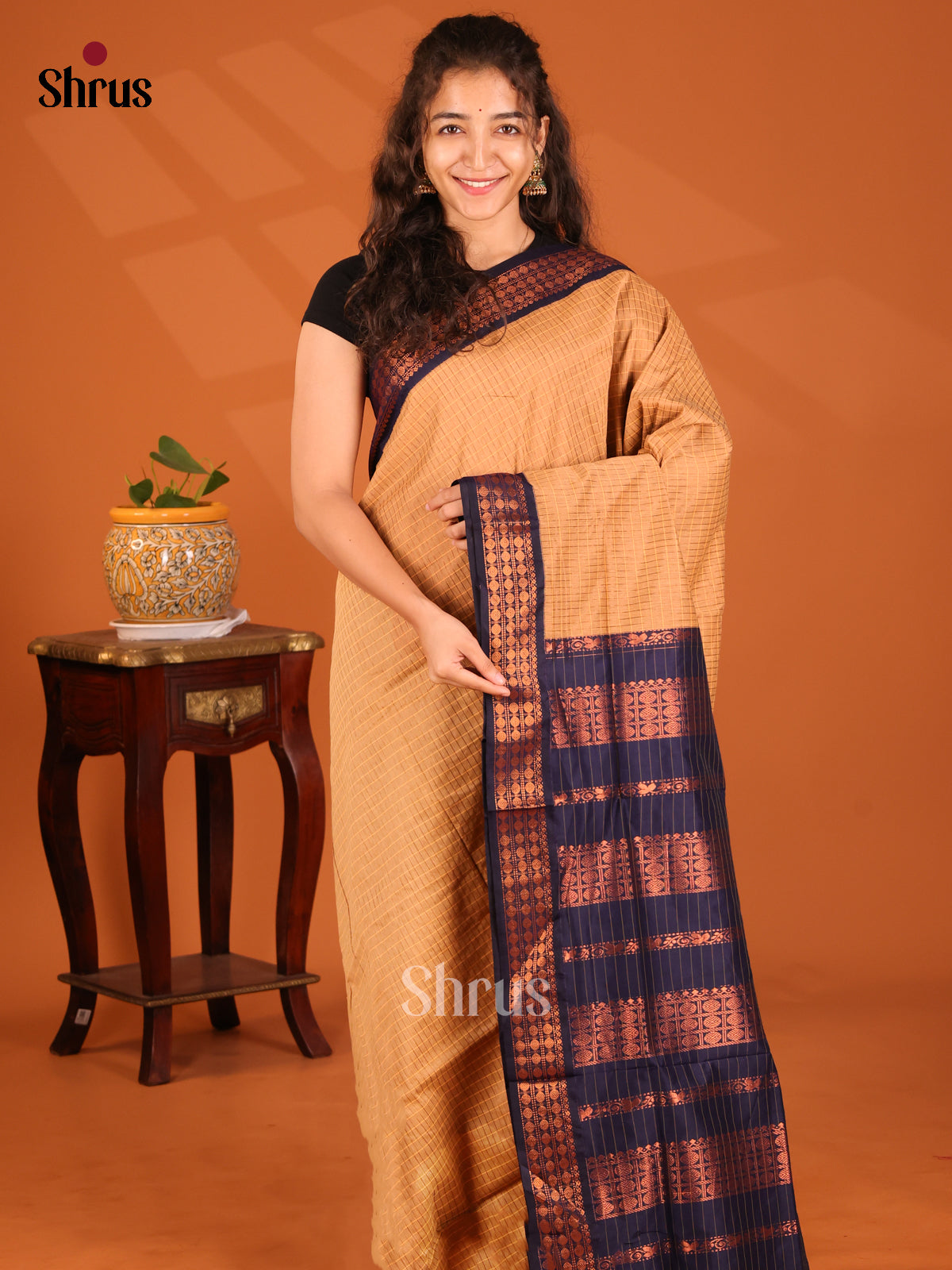Elegant Peach Kalyani Cotton Saree with Blue Checks, Zari Border & Pallu - Shop on Shrus.com