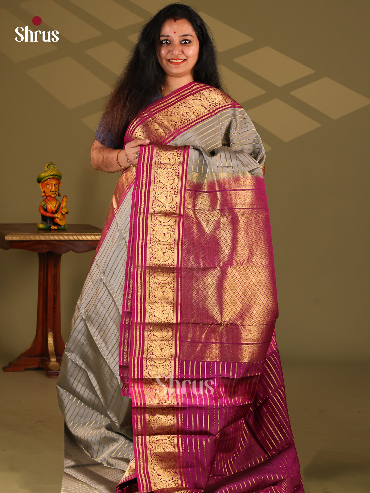 Grey & Purple - Kanchipuram-halfpure Saree - Shop on Shrus.com