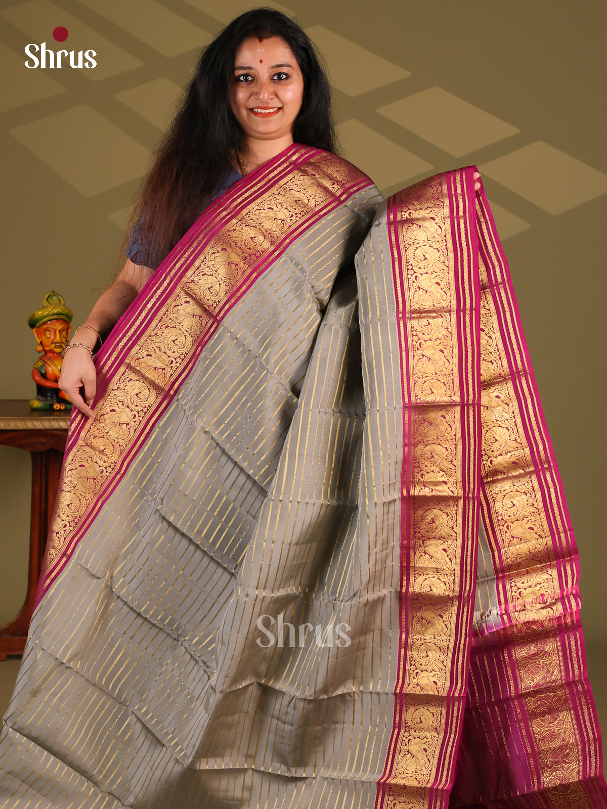 Grey & Purple - Kanchipuram-halfpure Saree - Shop on Shrus.com