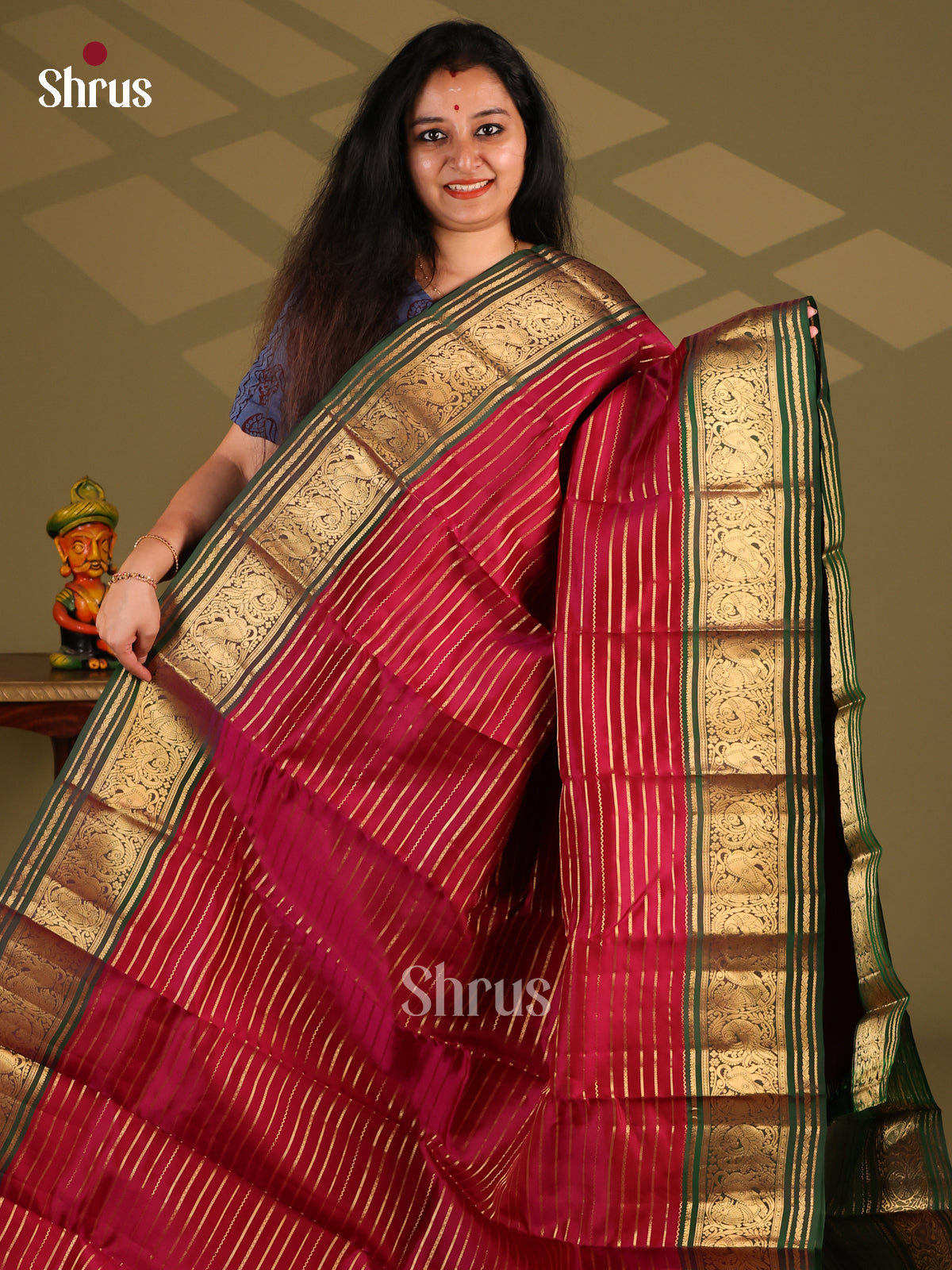 Maroon& Green- Kanchipuram-halfpure Saree - Shop on Shrus.com