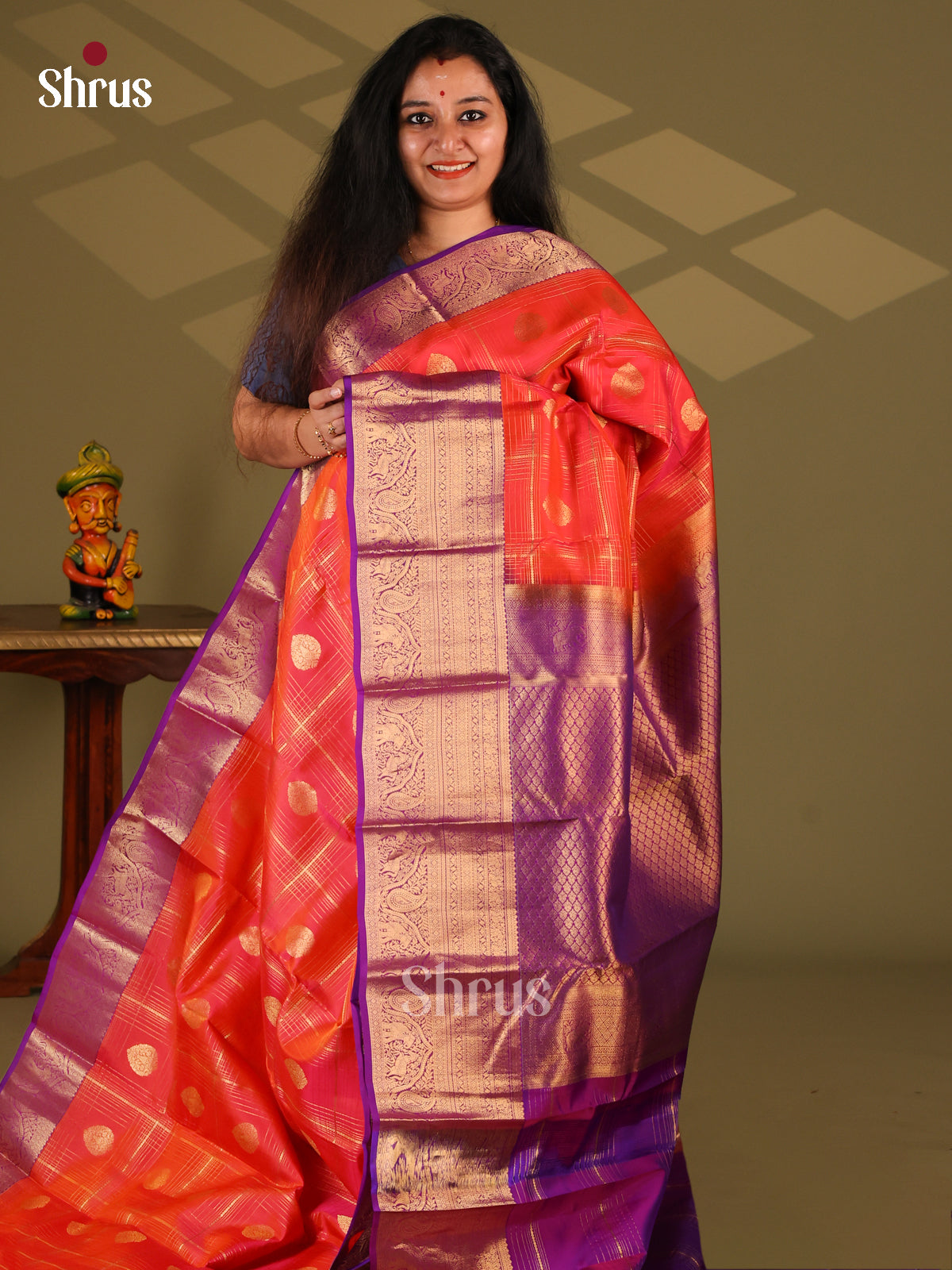 Orange & Purple - Kanchipuram-halfpure Saree - Shop on Shrus.com