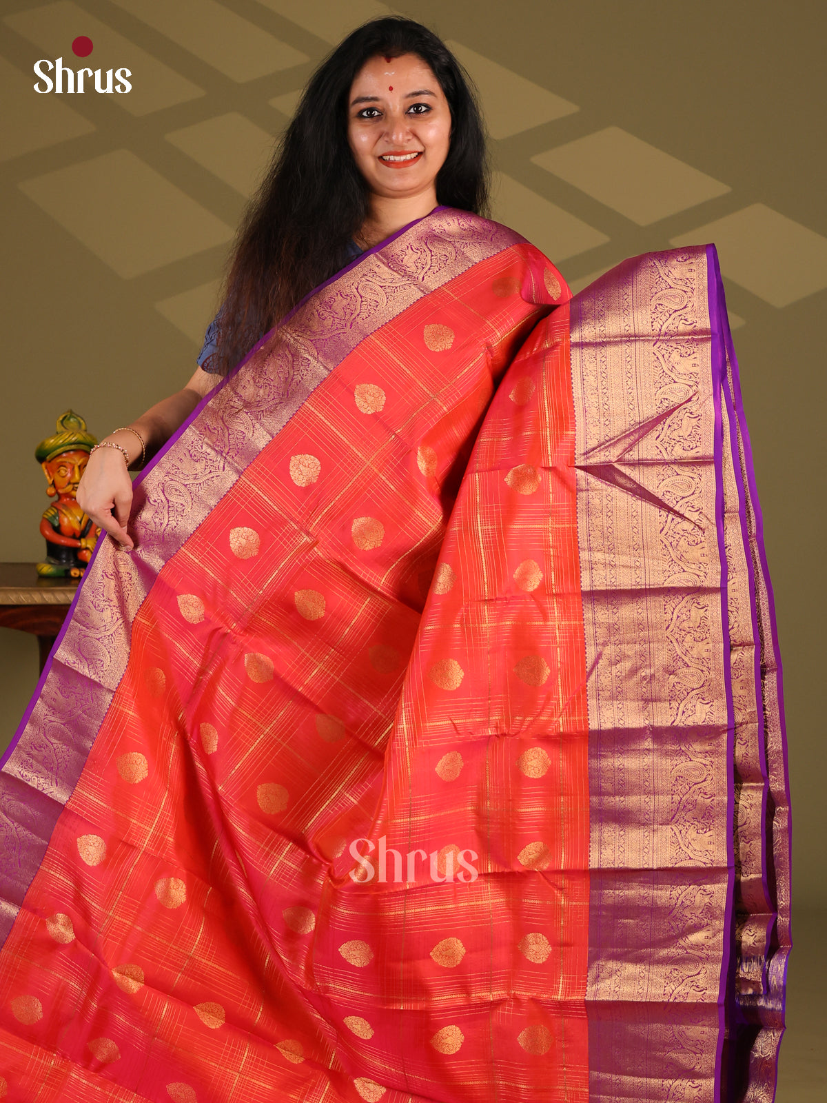 Orange & Purple - Kanchipuram-halfpure Saree - Shop on Shrus.com