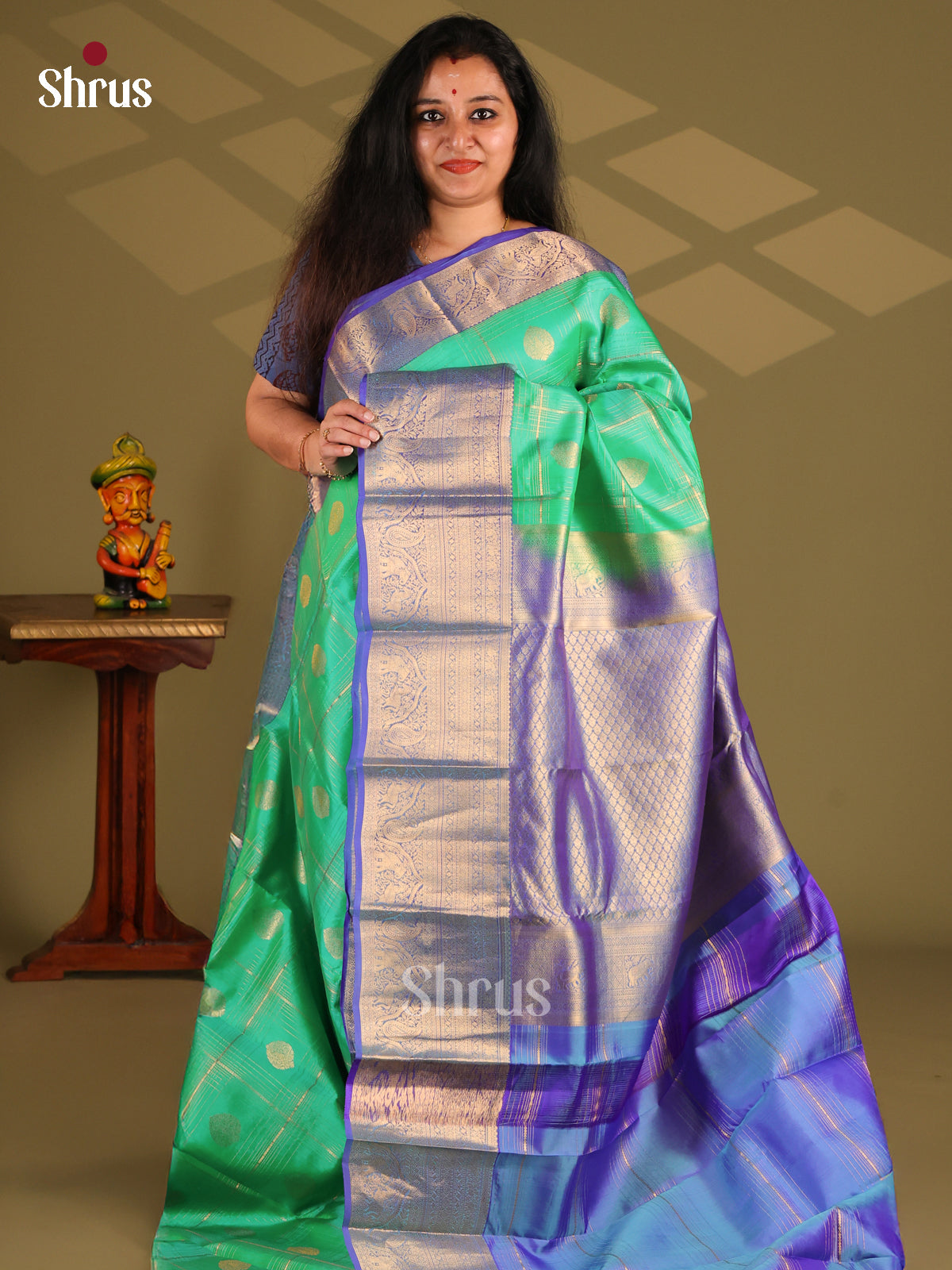 Green & Blue - Kanchipuram-halfpure Saree - Shop on Shrus.com