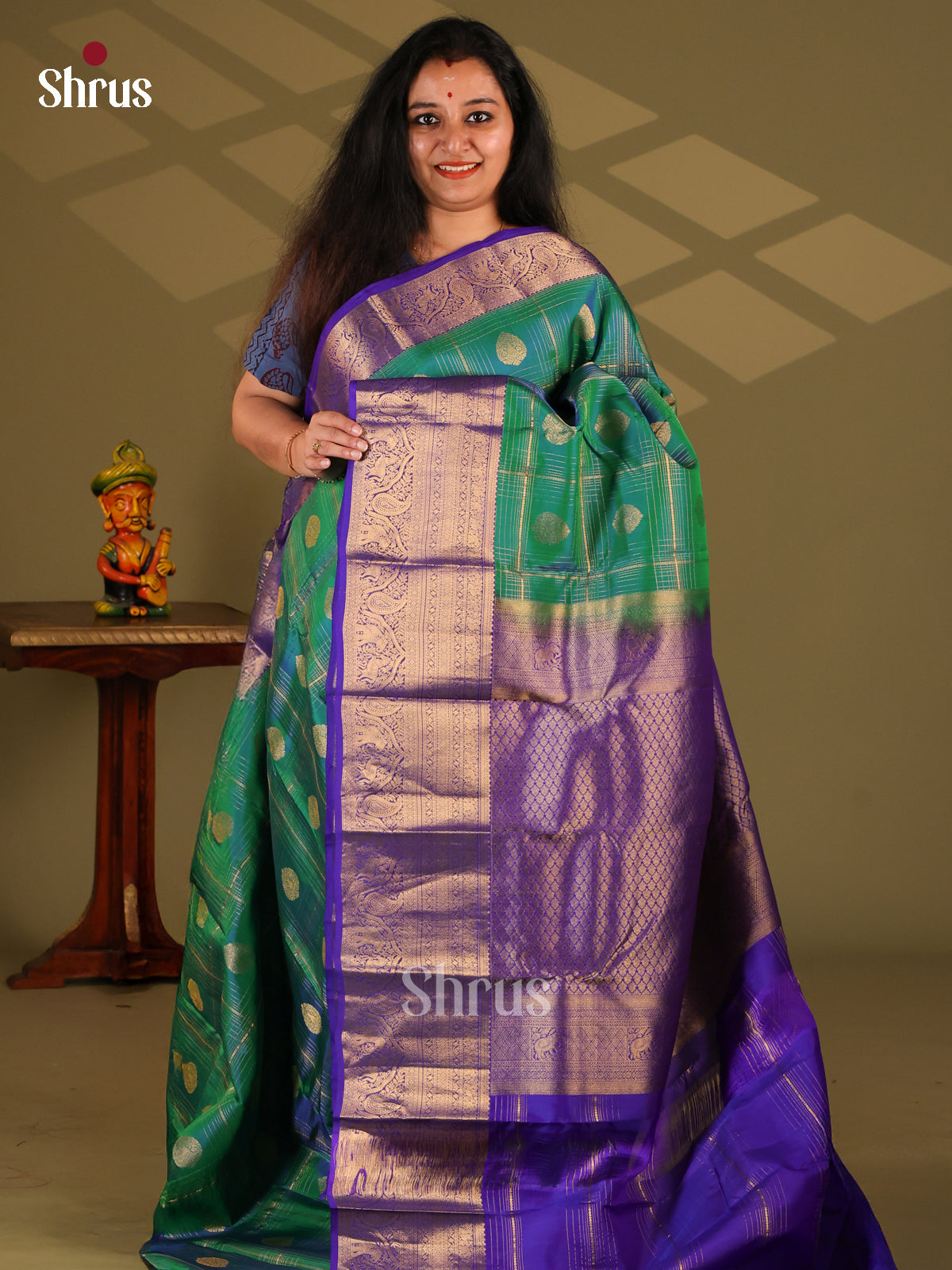 Green & Blue- Kanchipuram-halfpure Saree - Shop on Shrus.com
