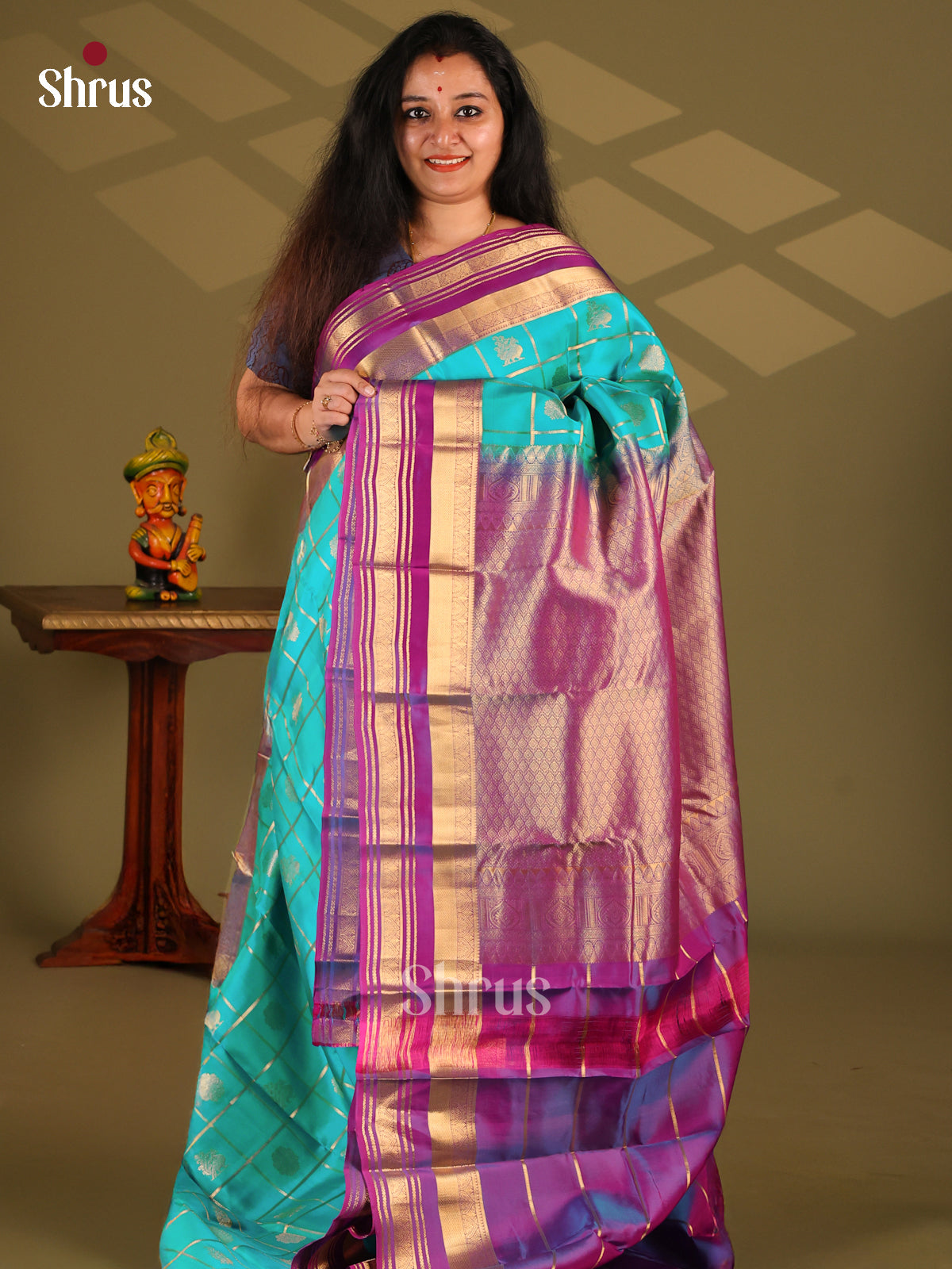 Teal & Purple- Kanchipuram-halfpure Saree - Shop on Shrus.com