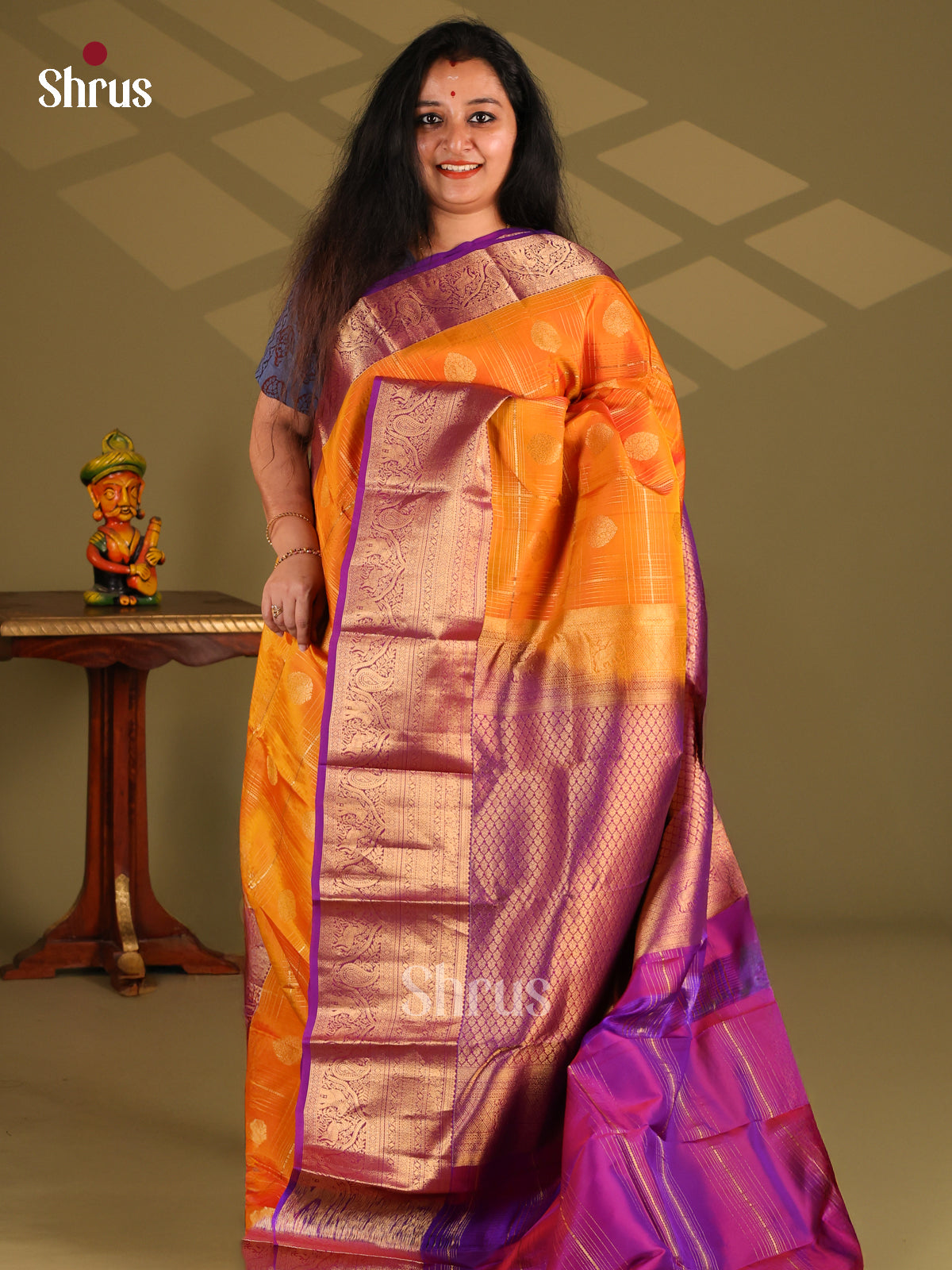Orange & Purple - Kanchipuram-halfpure Saree - Shop on Shrus.com