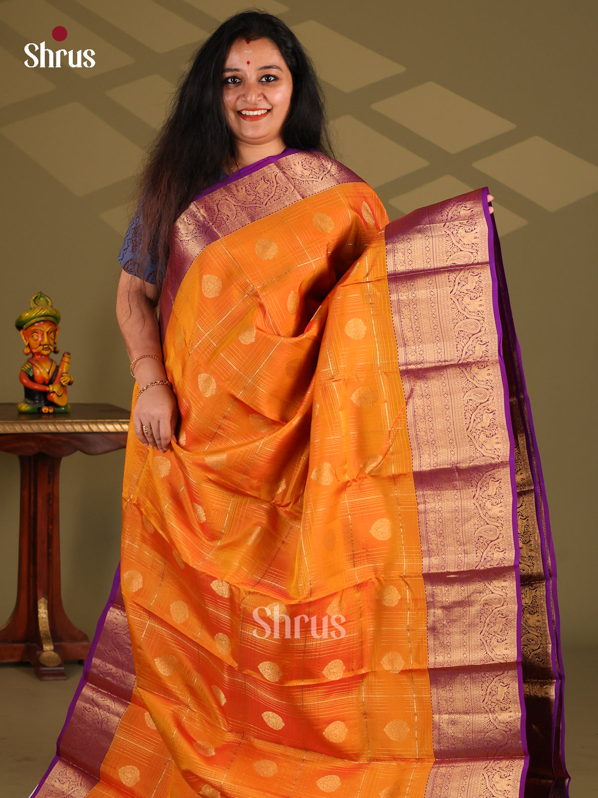 Orange & Purple - Kanchipuram-halfpure Saree - Shop on Shrus.com
