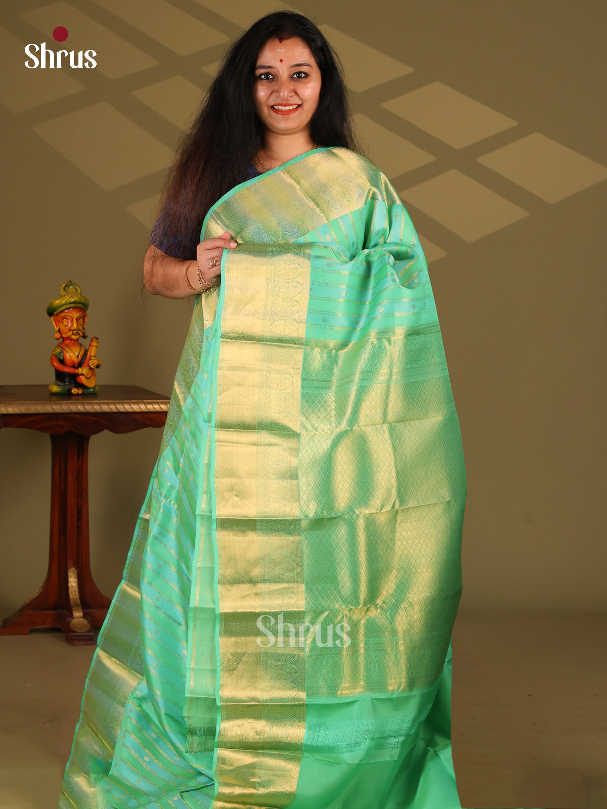Pista Green & Teal - Kanchipuram-halfpure Saree - Shop on Shrus.com