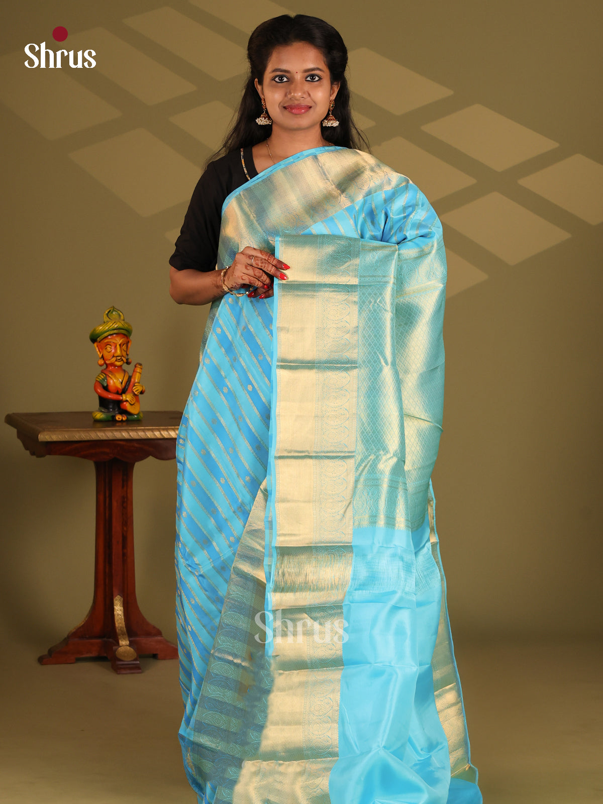 Sky Blue(Single Tone) - Kanchipuram-halfpure Saree - Shop on Shrus.com
