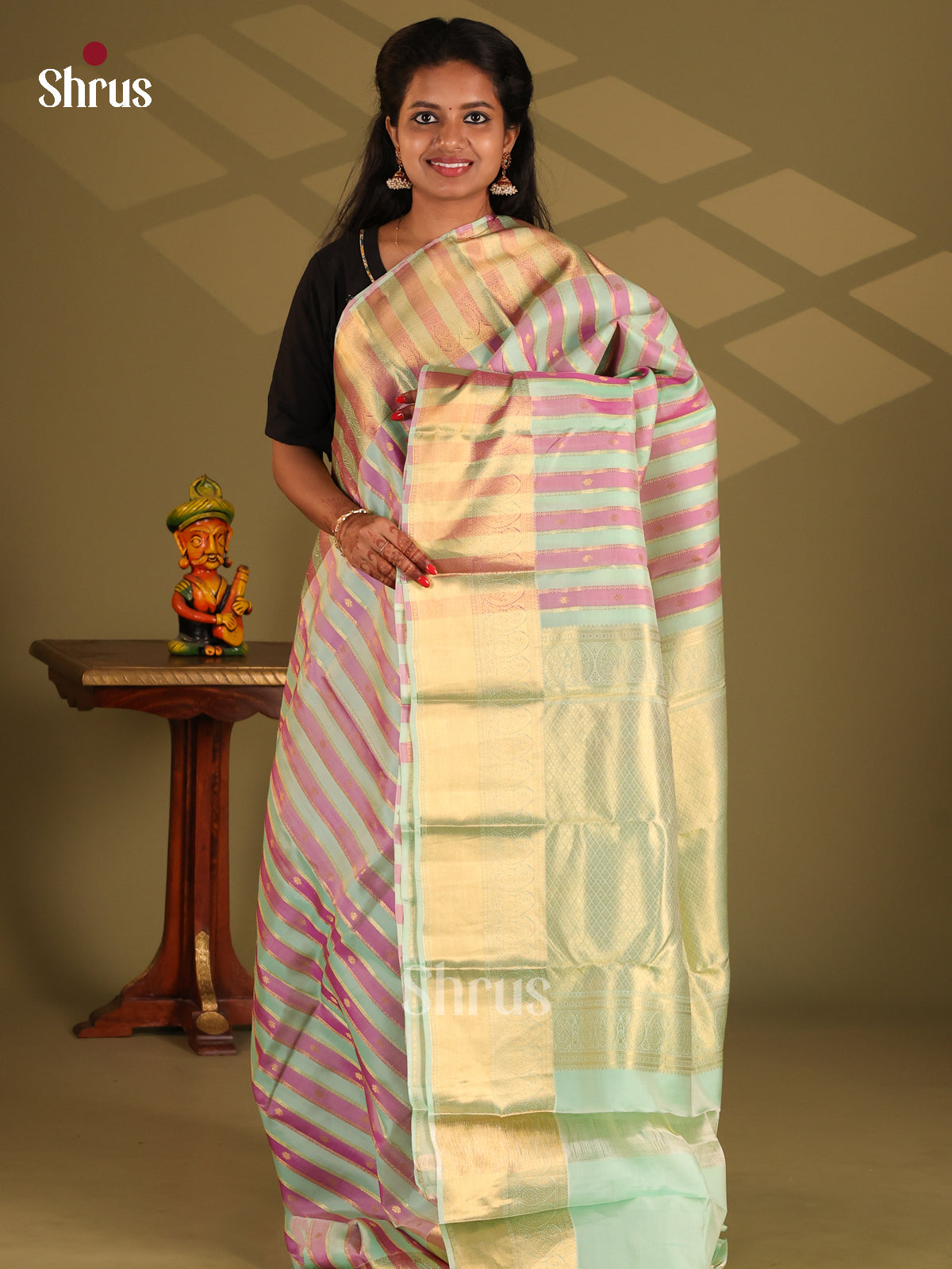 Pastel Green & Pink - Kanchipuram-halfpure Saree - Shop on Shrus.com