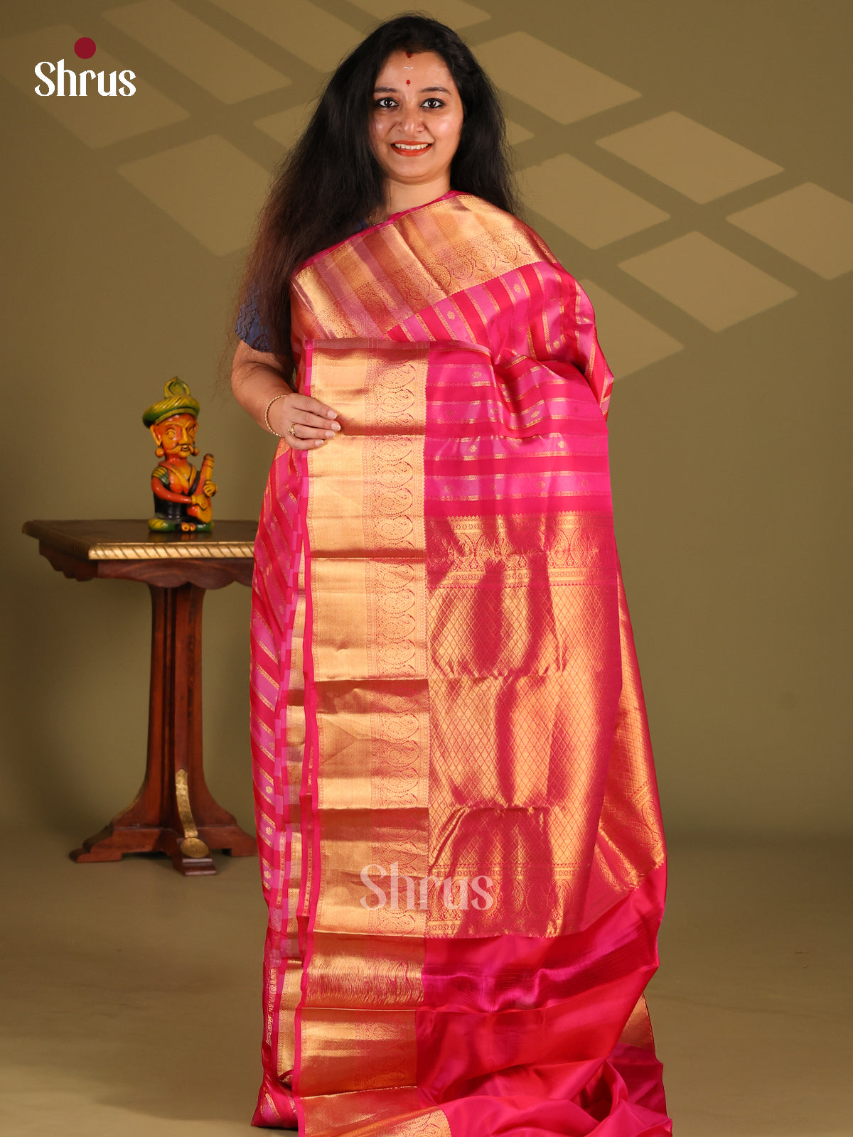 Pink & Red - Kanchipuram-halfpure Saree - Shop on Shrus.com