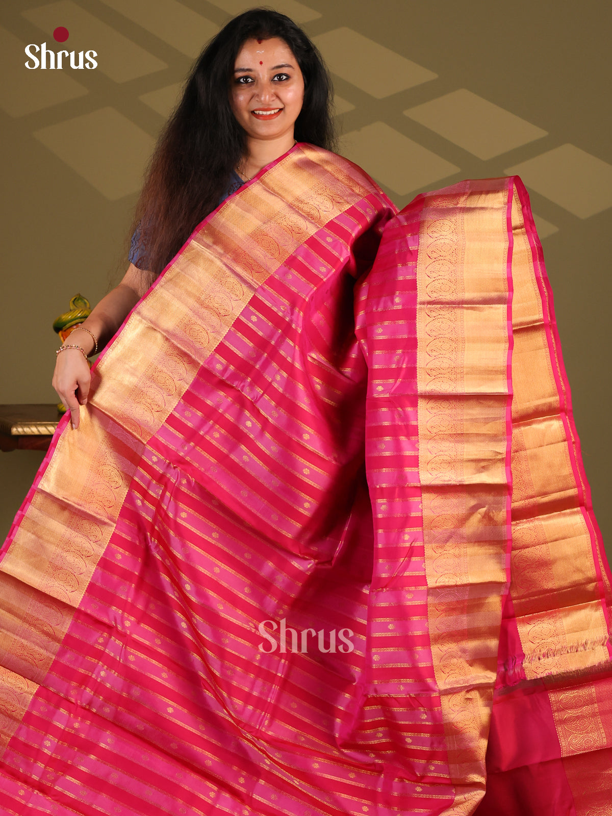 Pink & Red - Kanchipuram-halfpure Saree - Shop on Shrus.com