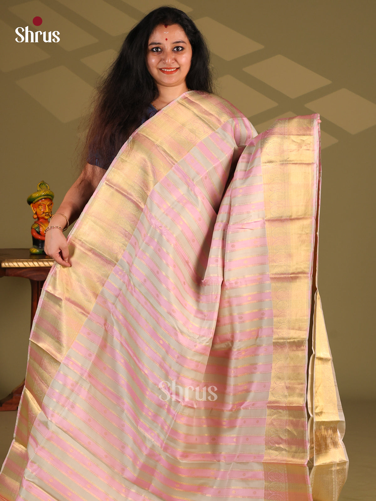 Pink & Cream - Kanchipuram-halfpure Saree - Shop on Shrus.com
