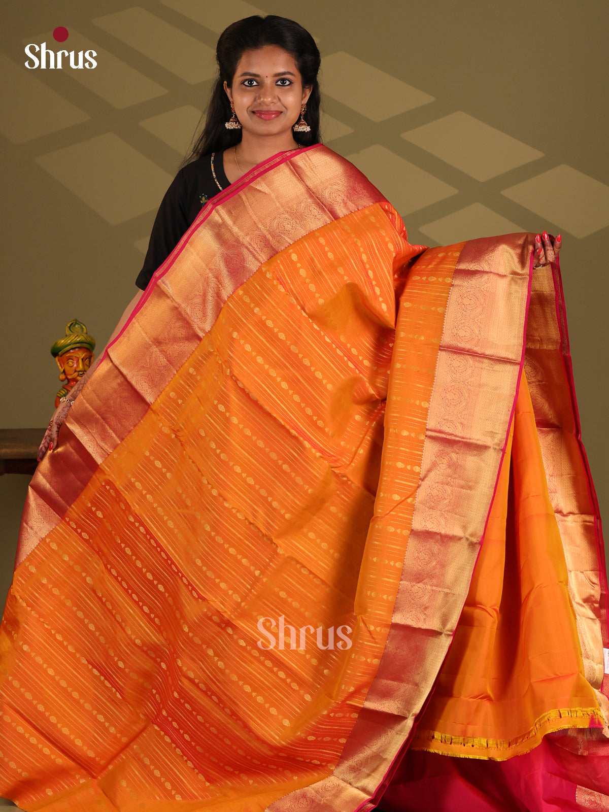 Orange & Maroon- Kanchipuram-halfpure Saree - Shop on Shrus.com