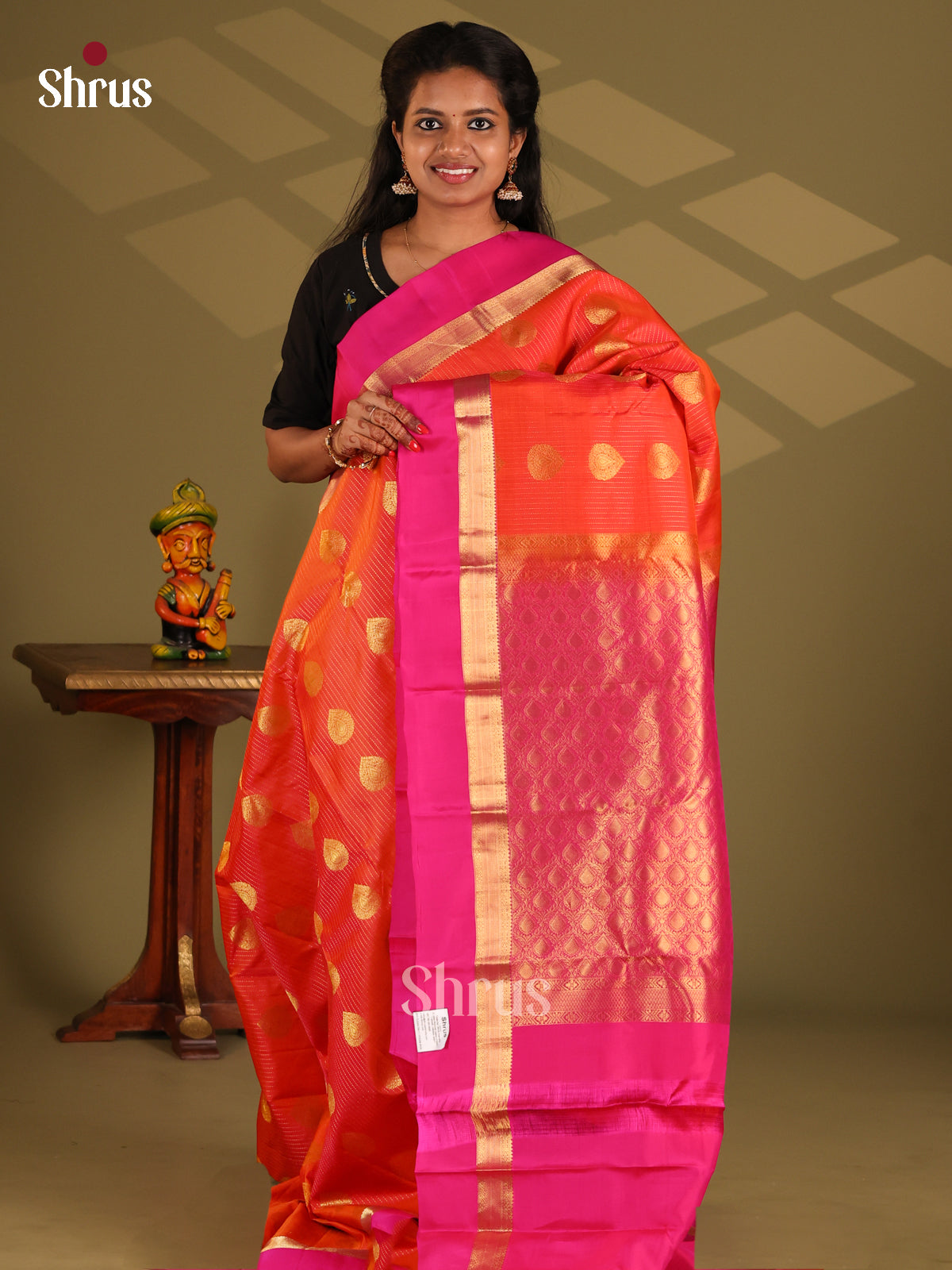 Orange & Pink- Kanchipuram-halfpure Saree - Shop on Shrus.com