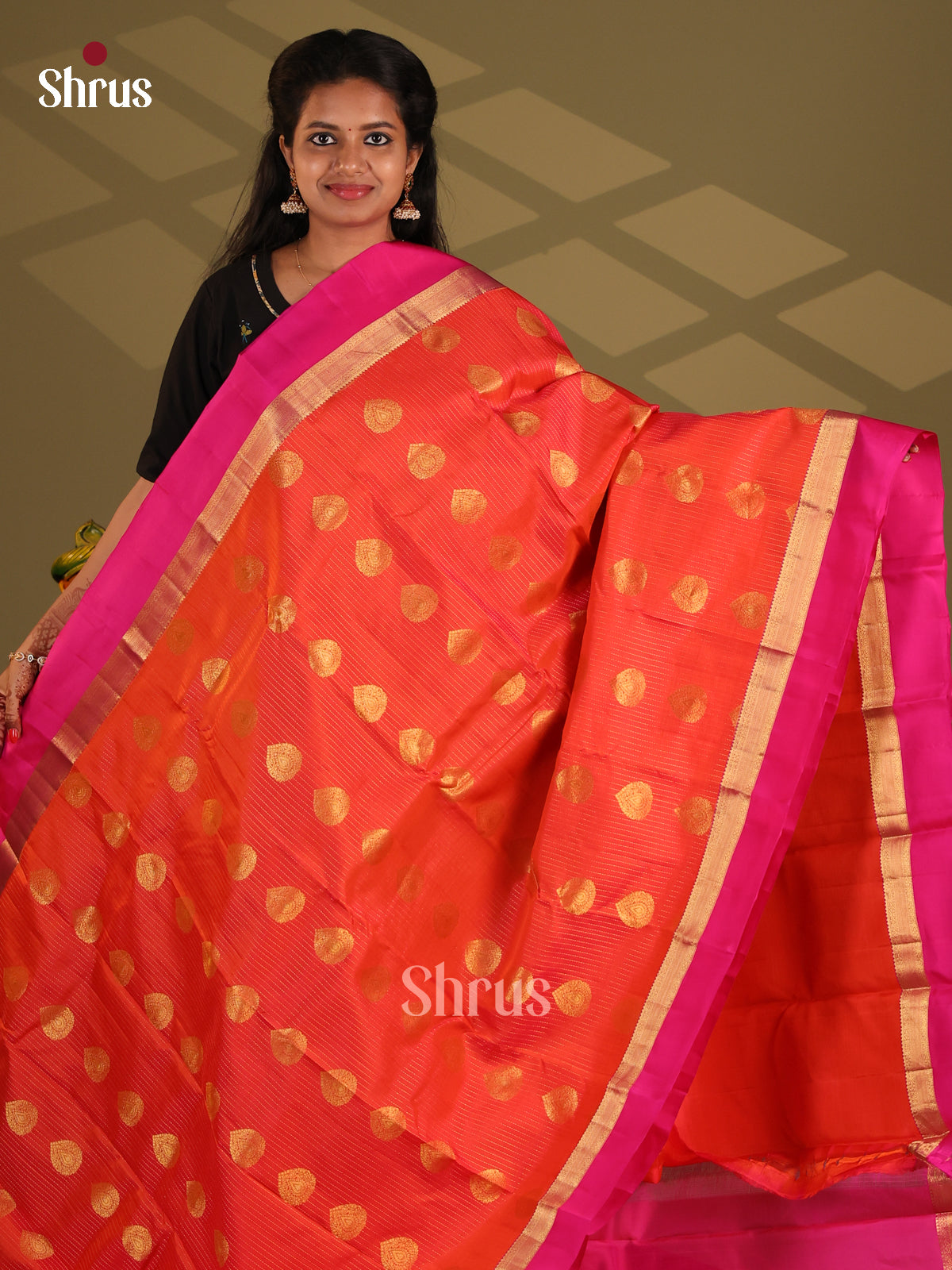 Orange & Pink- Kanchipuram-halfpure Saree - Shop on Shrus.com