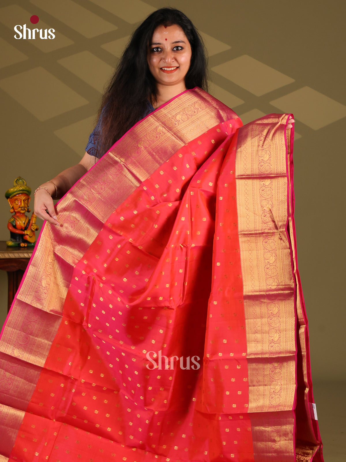 Orange & Pink - Kanchipuram-halfpure Saree - Shop on Shrus.com