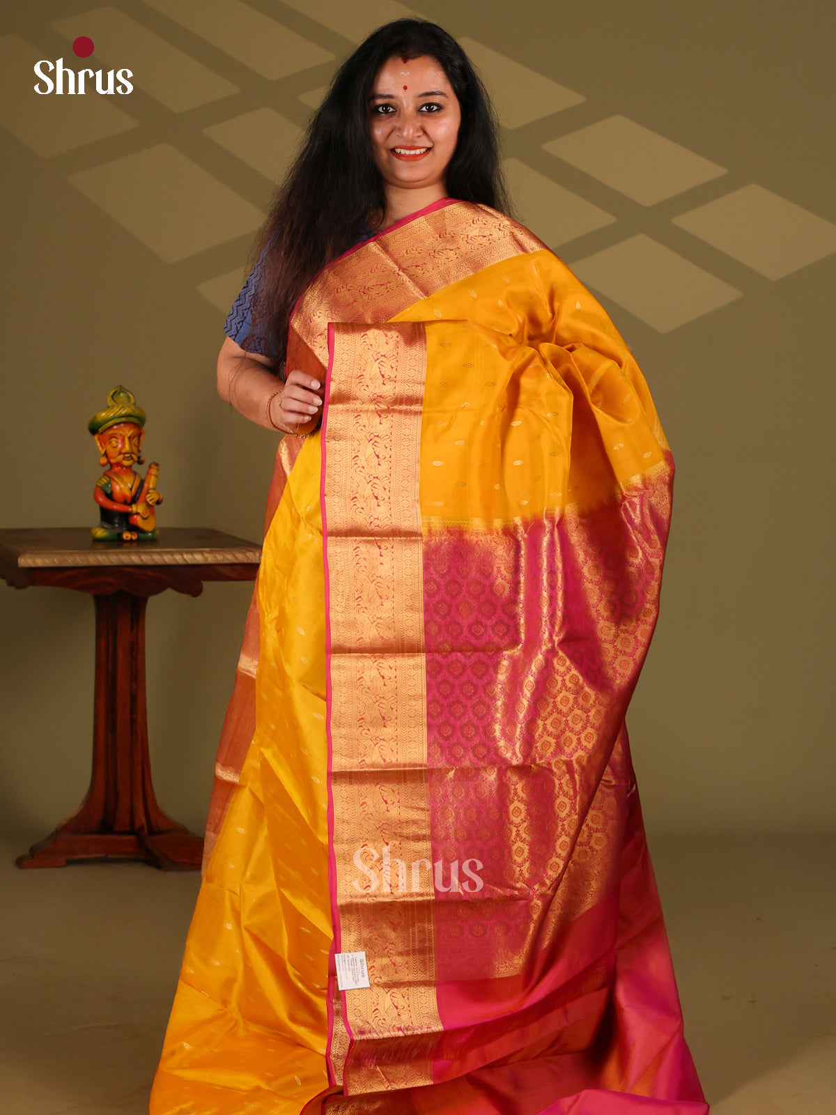 Mustard & Red- Kanchipuram-halfpure Saree - Shop on Shrus.com