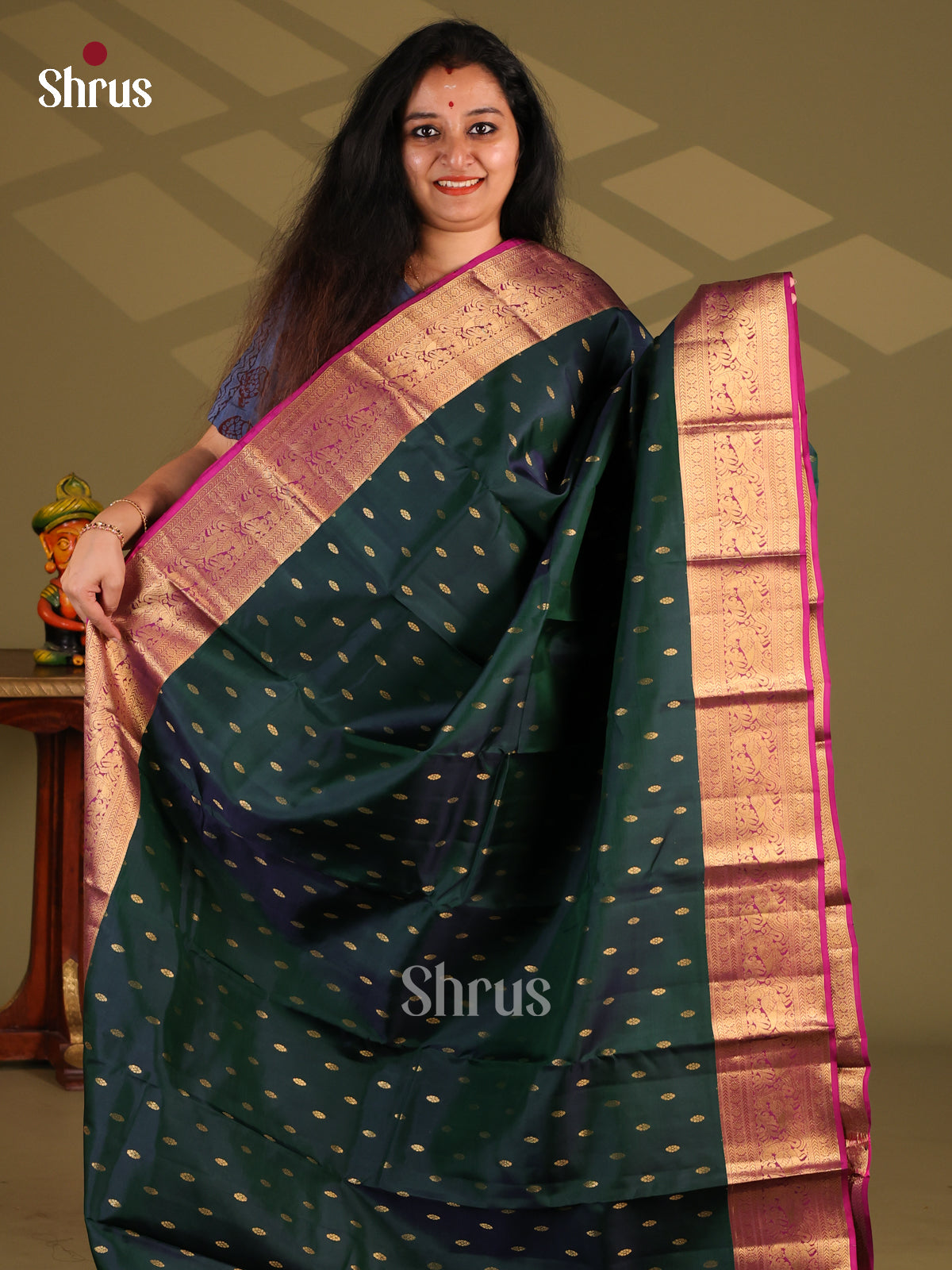 Dark Green & Purple - Kanchipuram-halfpure Saree - Shop on Shrus.com