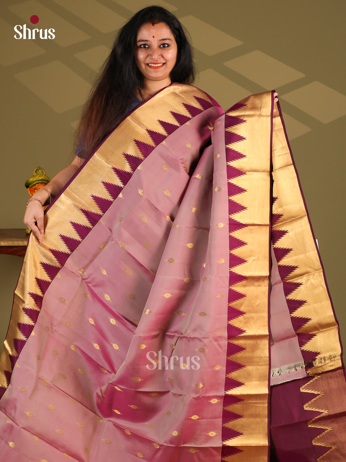 Dusty Pink & Maroon- Kanchipuram-halfpure Saree - Shop on Shrus.com
