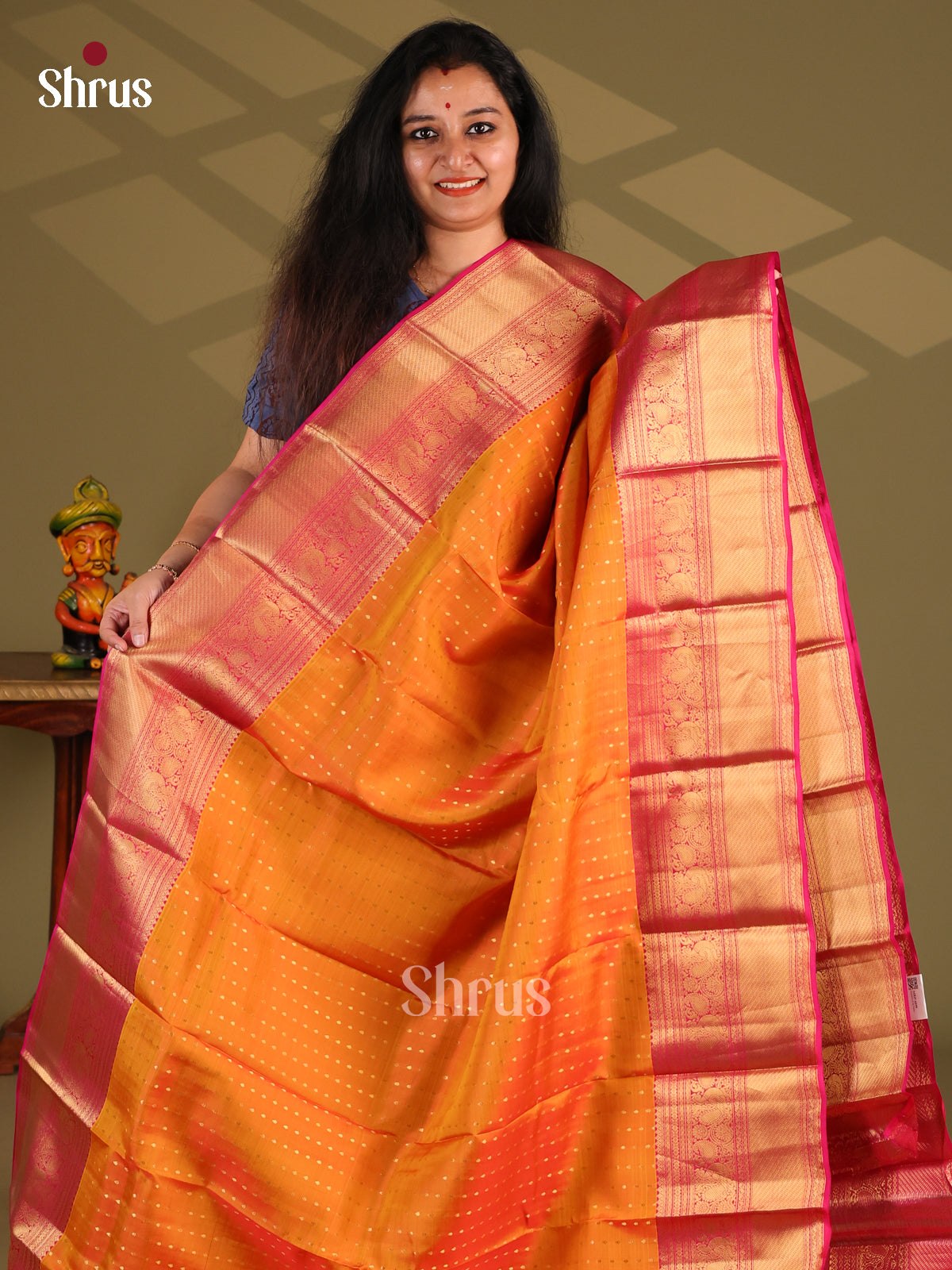 Orange & Maroon- Kanchipuram-halfpure Saree - Shop on Shrus.com