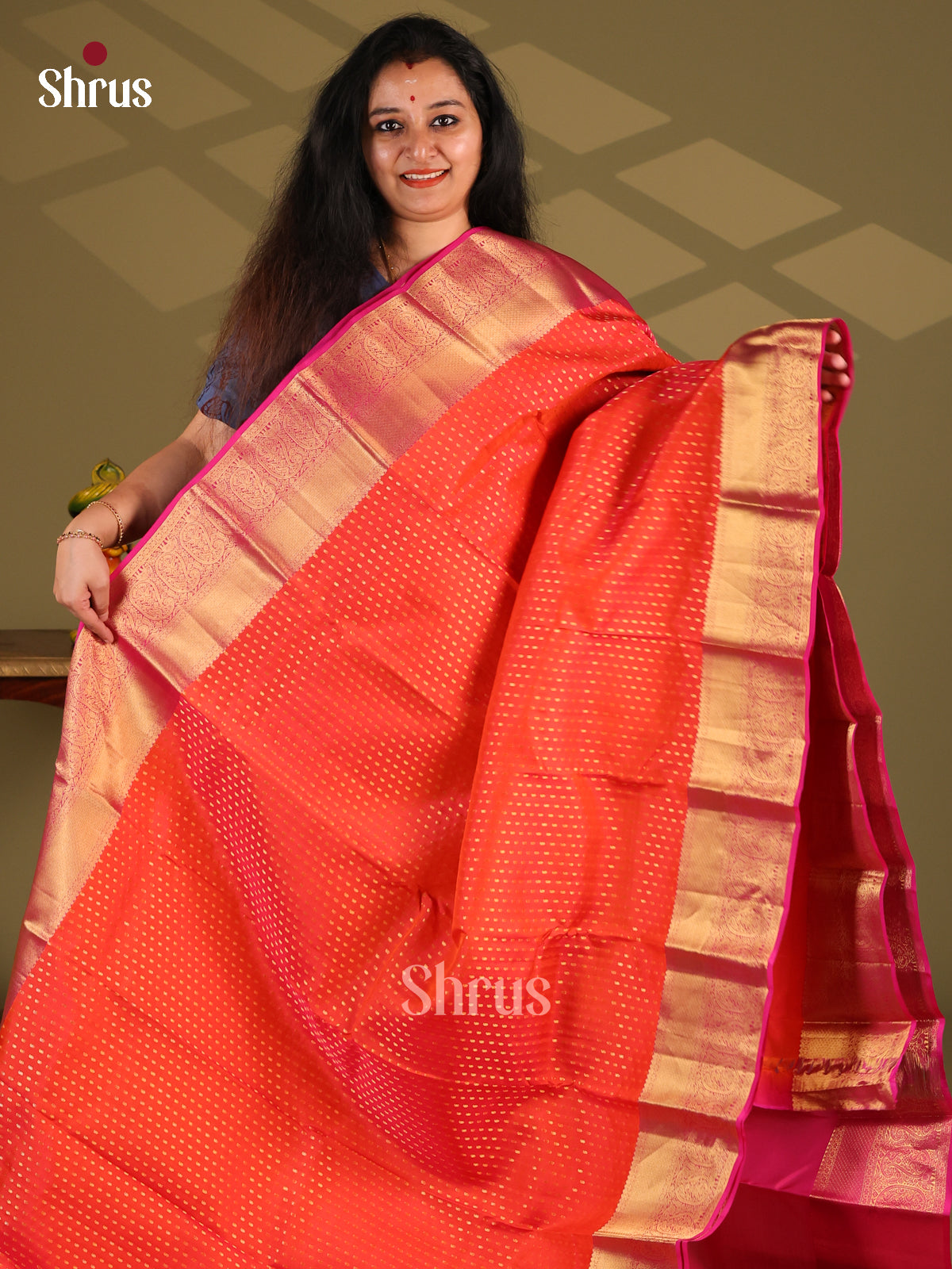 Orange & Purple - Kanchipuram-halfpure Saree - Shop on Shrus.com