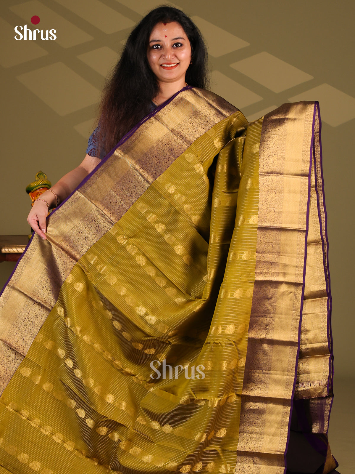 Mehandi Green & Violet - Kanchipuram-halfpure Saree - Shop on Shrus.com