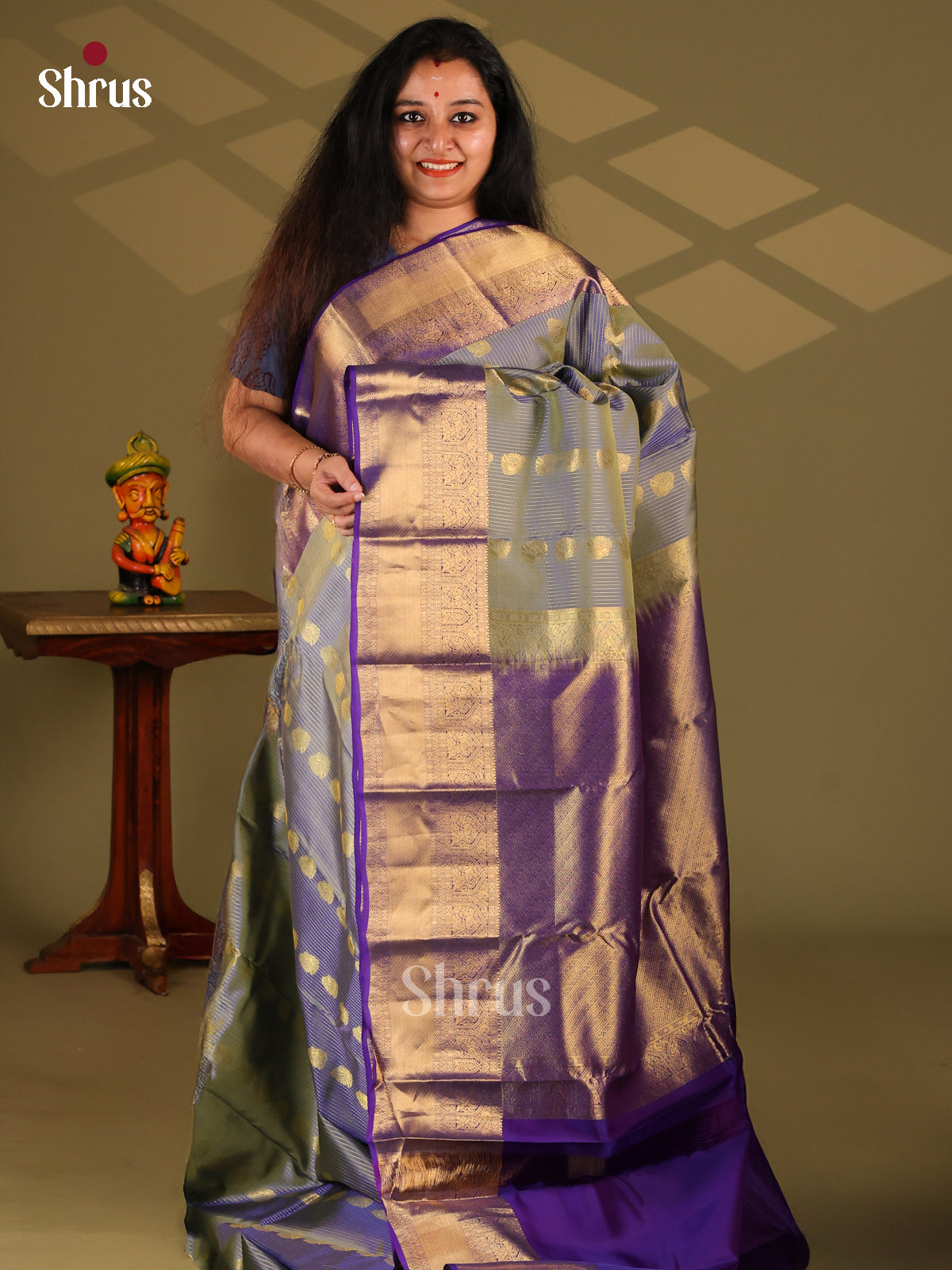 Double Shaded Grey & Blue- Kanchipuram-halfpure Saree - Shop on Shrus.com