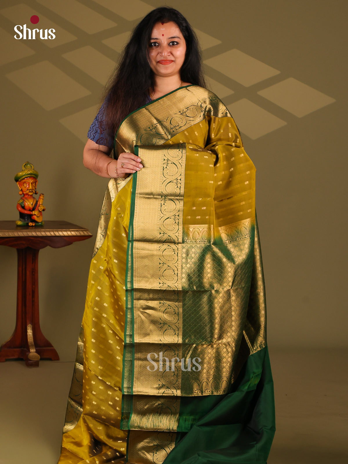 Mehandi & Green - Kanchipuram-halfpure Saree - Shop on Shrus.com