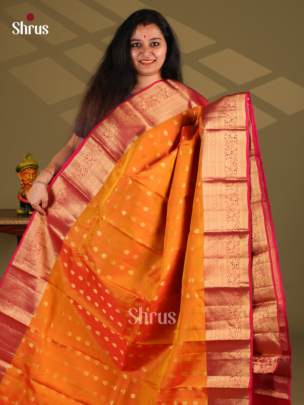 Orange & Red - Kanchipuram-halfpure Saree - Shop on Shrus.com