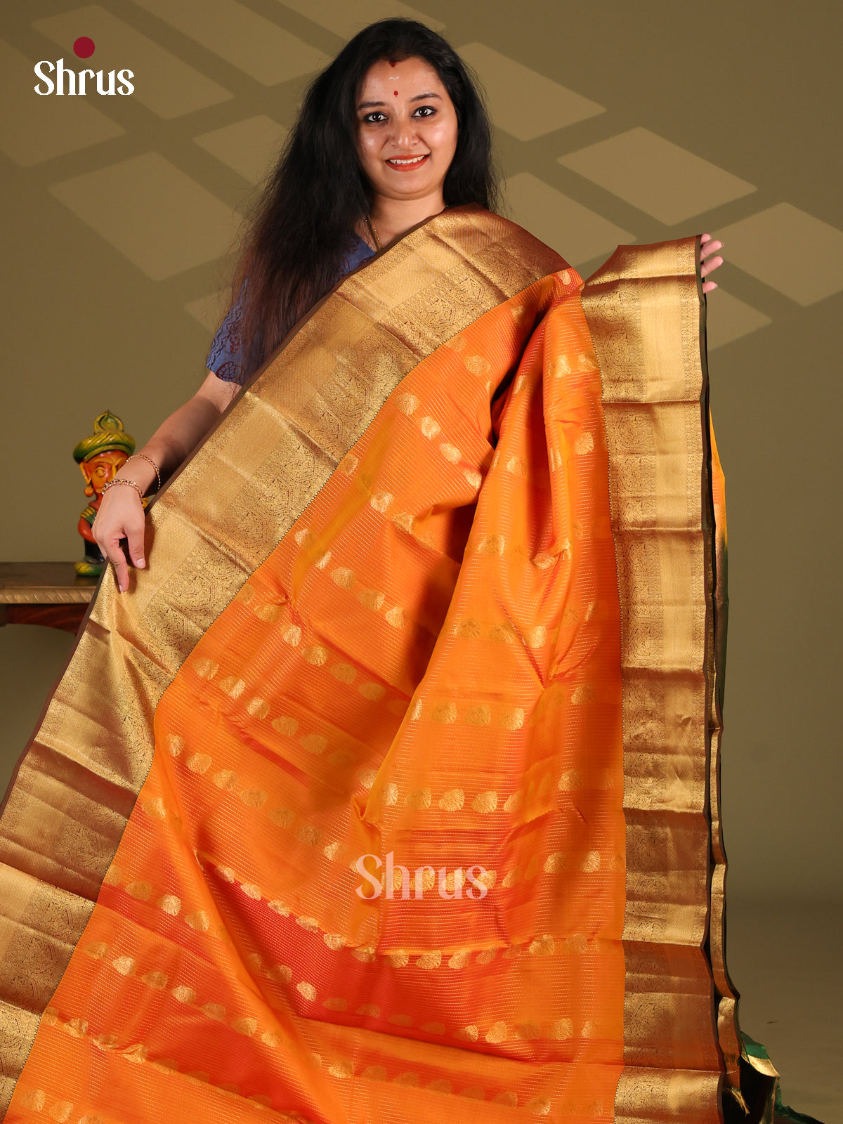 Orange & Brown - Kanchipuram-halfpure Saree - Shop on Shrus.com