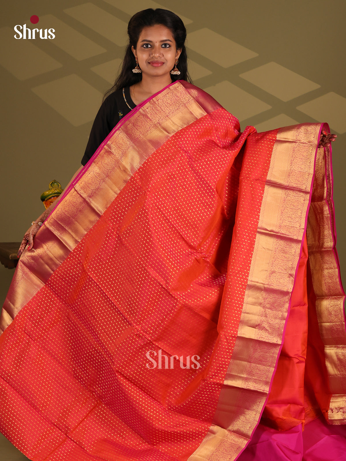 Orange & Pink - Kanchipuram-halfpure Saree - Shop on Shrus.com