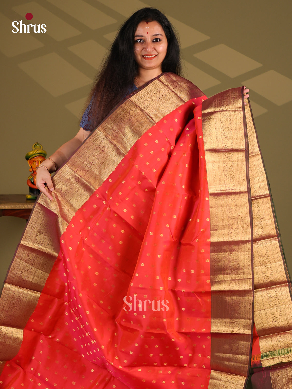 Orange & Maroon - Kanchipuram-halfpure Saree - Shop on Shrus.com