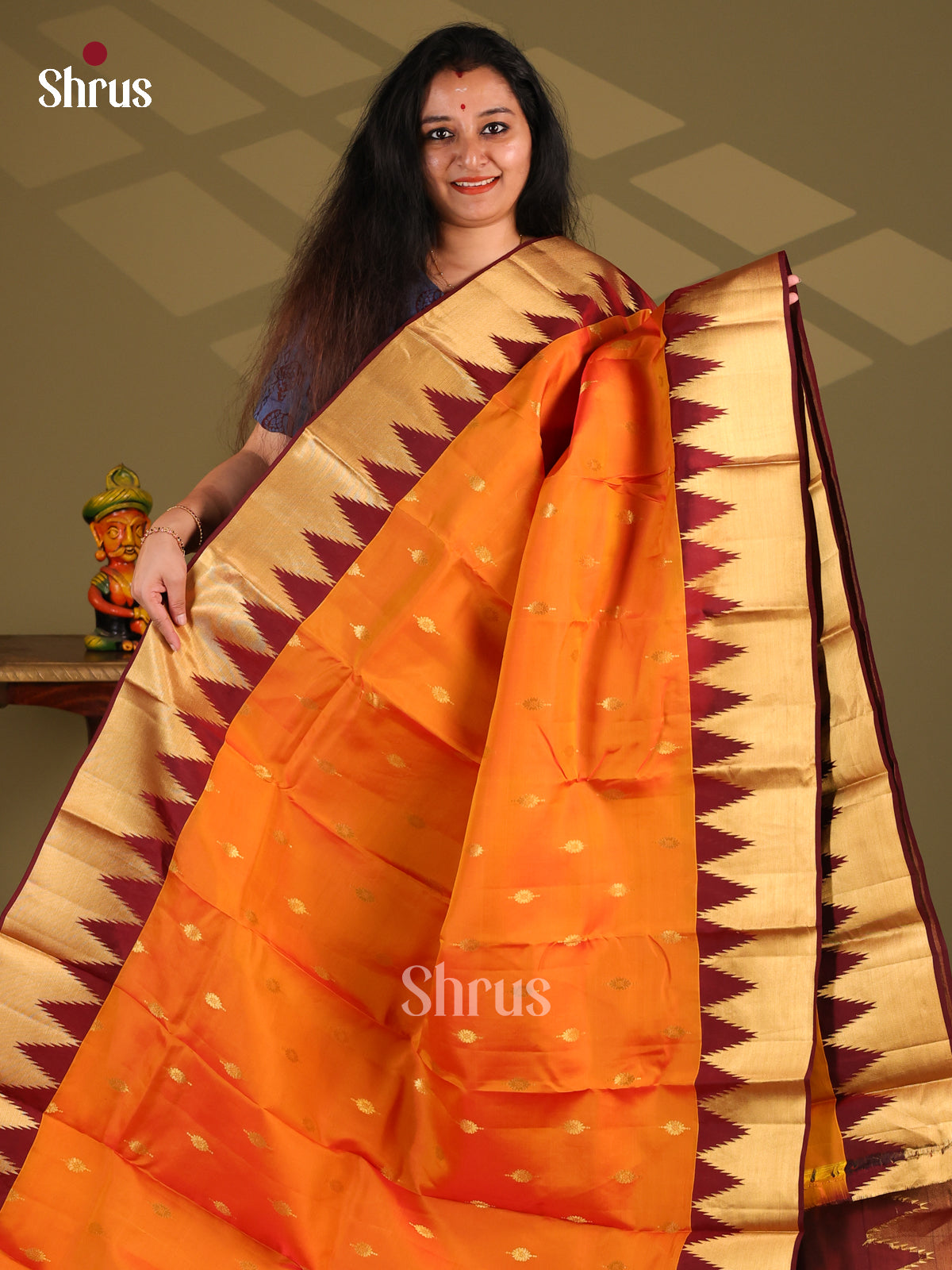 Orange & Maroon - Kanchipuram-halfpure Saree - Shop on Shrus.com