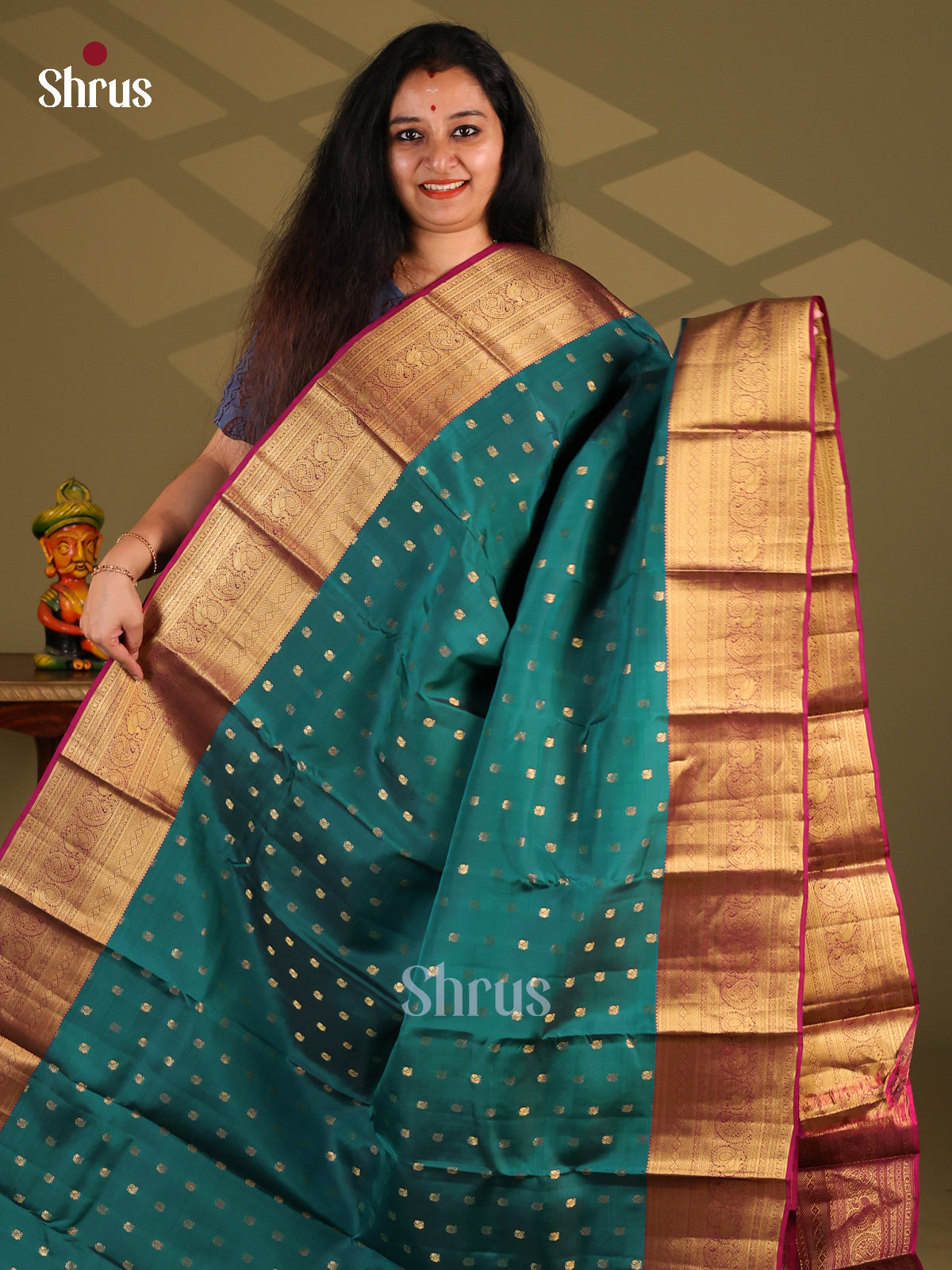 Peacock Blue & Purple- Kanchipuram-halfpure Saree - Shop on Shrus.com