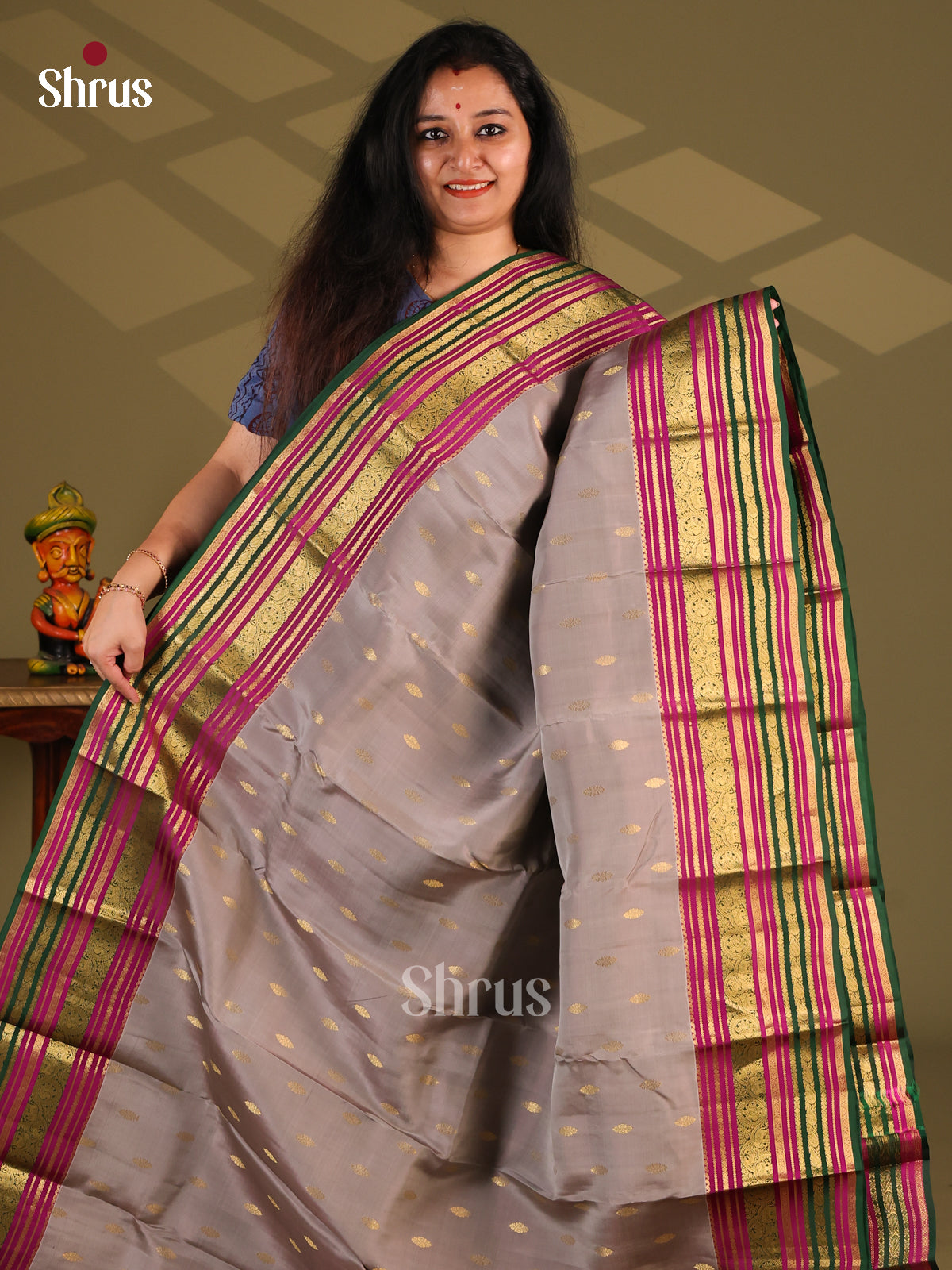 Grey & Purple - Kanchipuram-halfpure Saree - Shop on Shrus.com