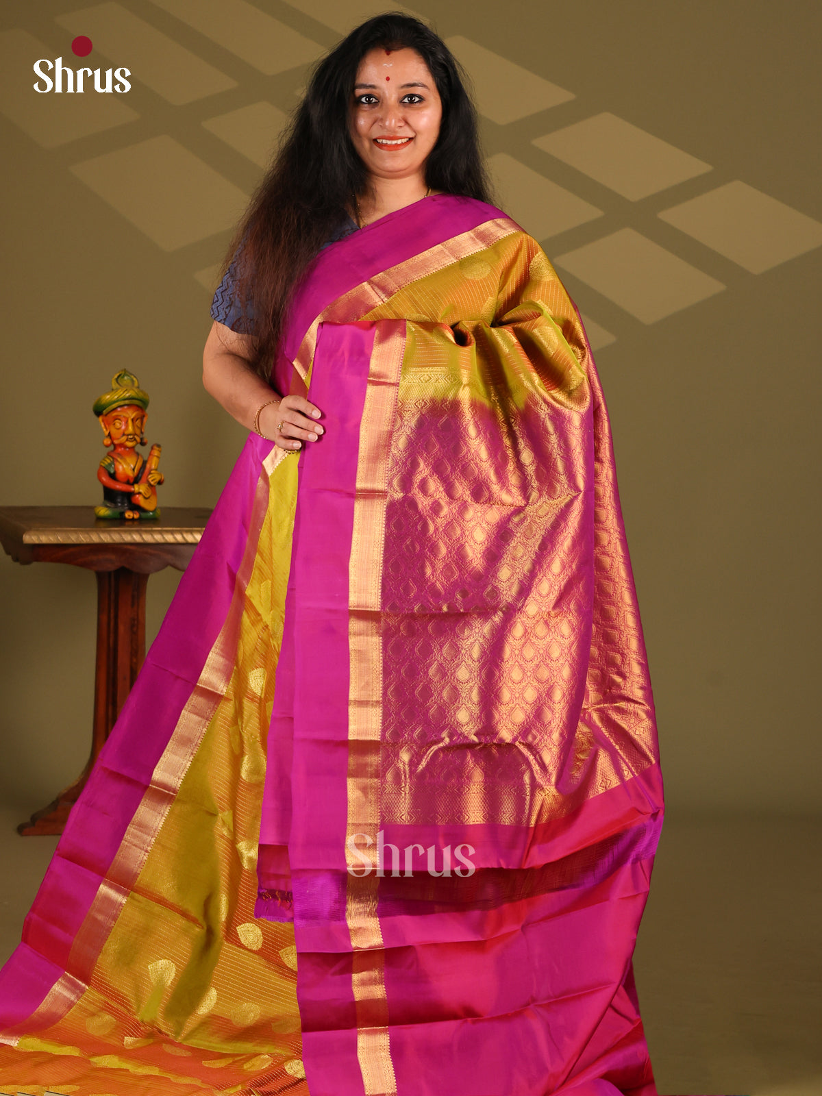 Mehandi & Purple - Kanchipuram-halfpure Saree - Shop on Shrus.com