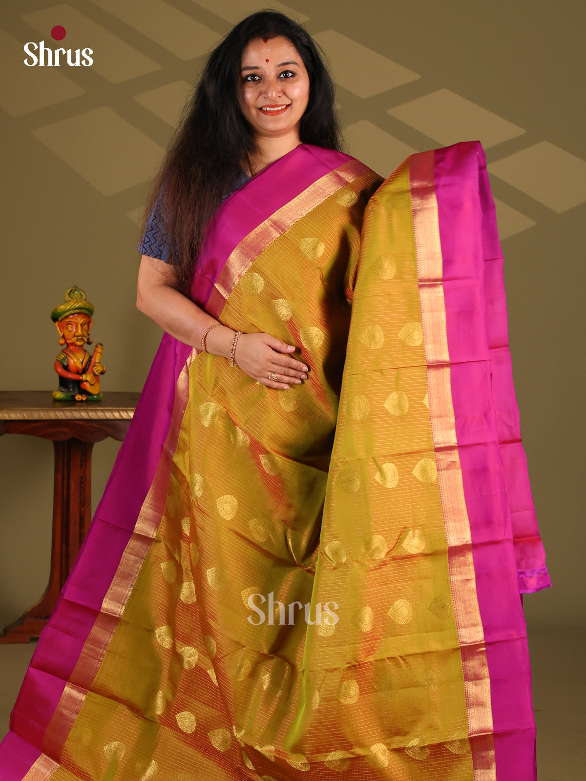 Mehandi & Purple - Kanchipuram-halfpure Saree - Shop on Shrus.com