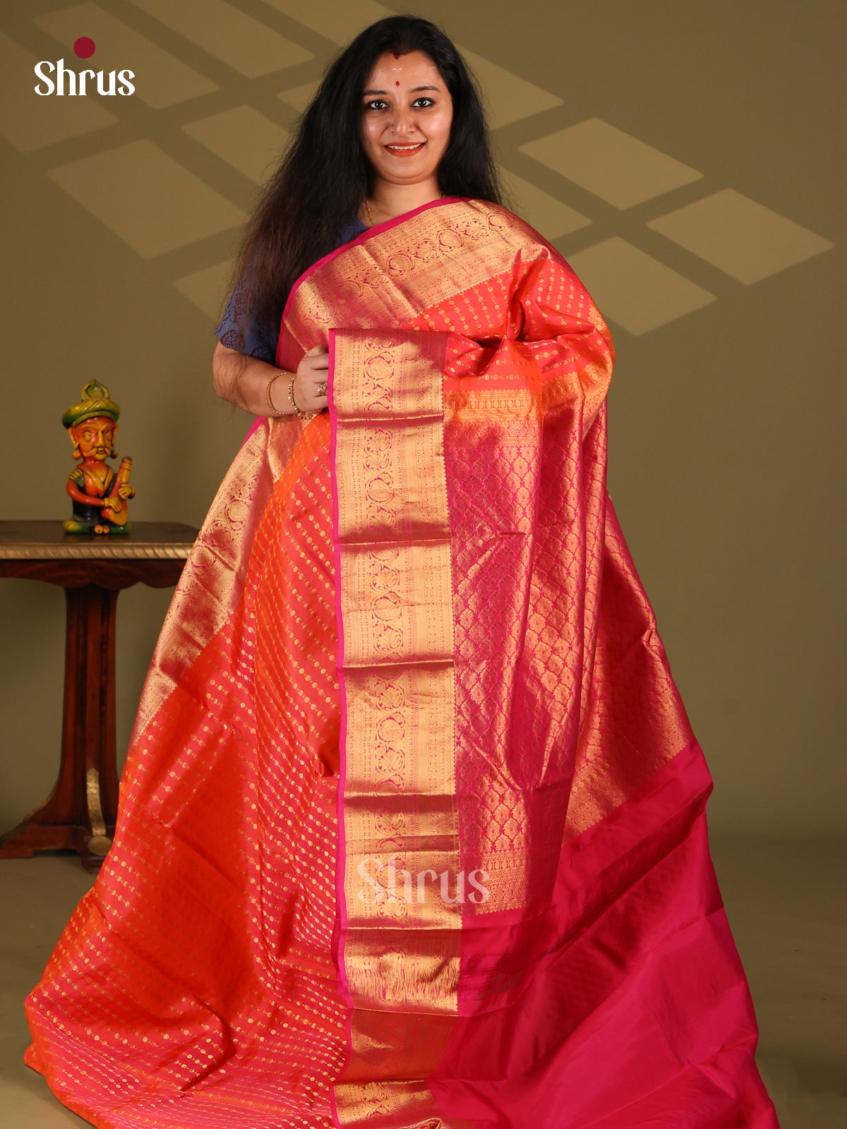 Orange & Purple - Kanchipuram-halfpure Saree - Shop on Shrus.com