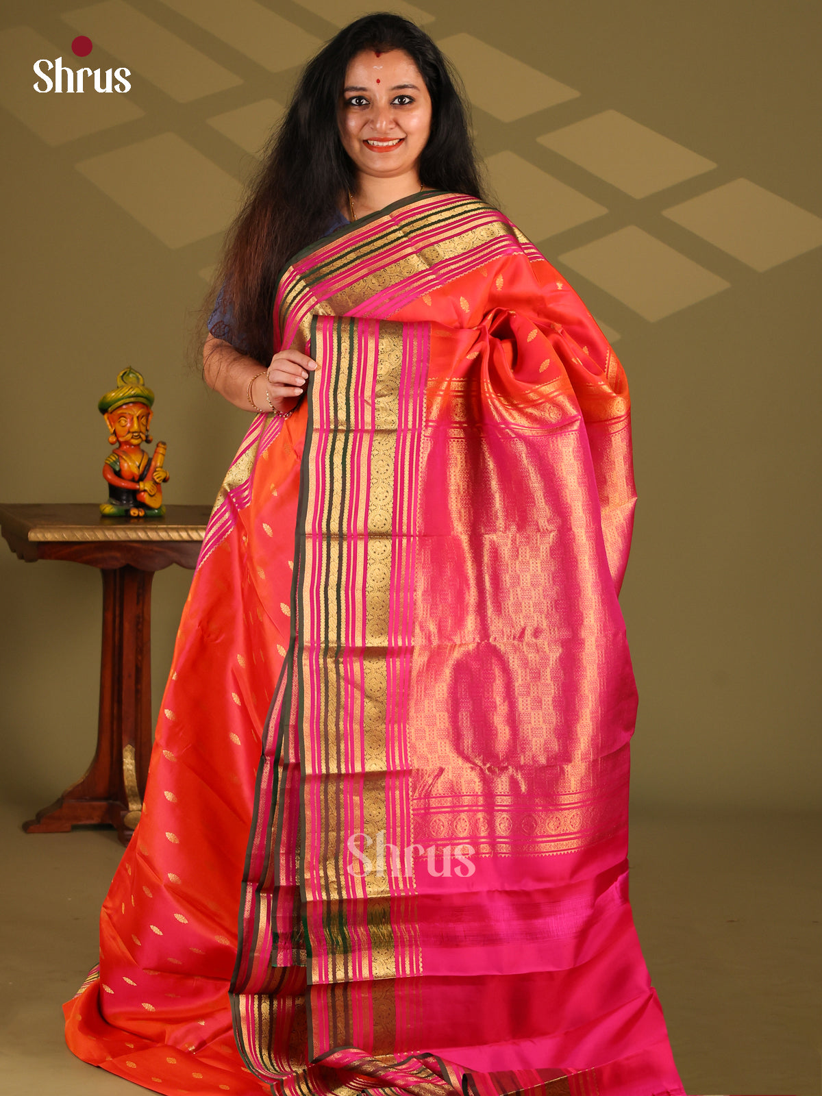 Orange & Pink- Kanchipuram-halfpure Saree - Shop on Shrus.com