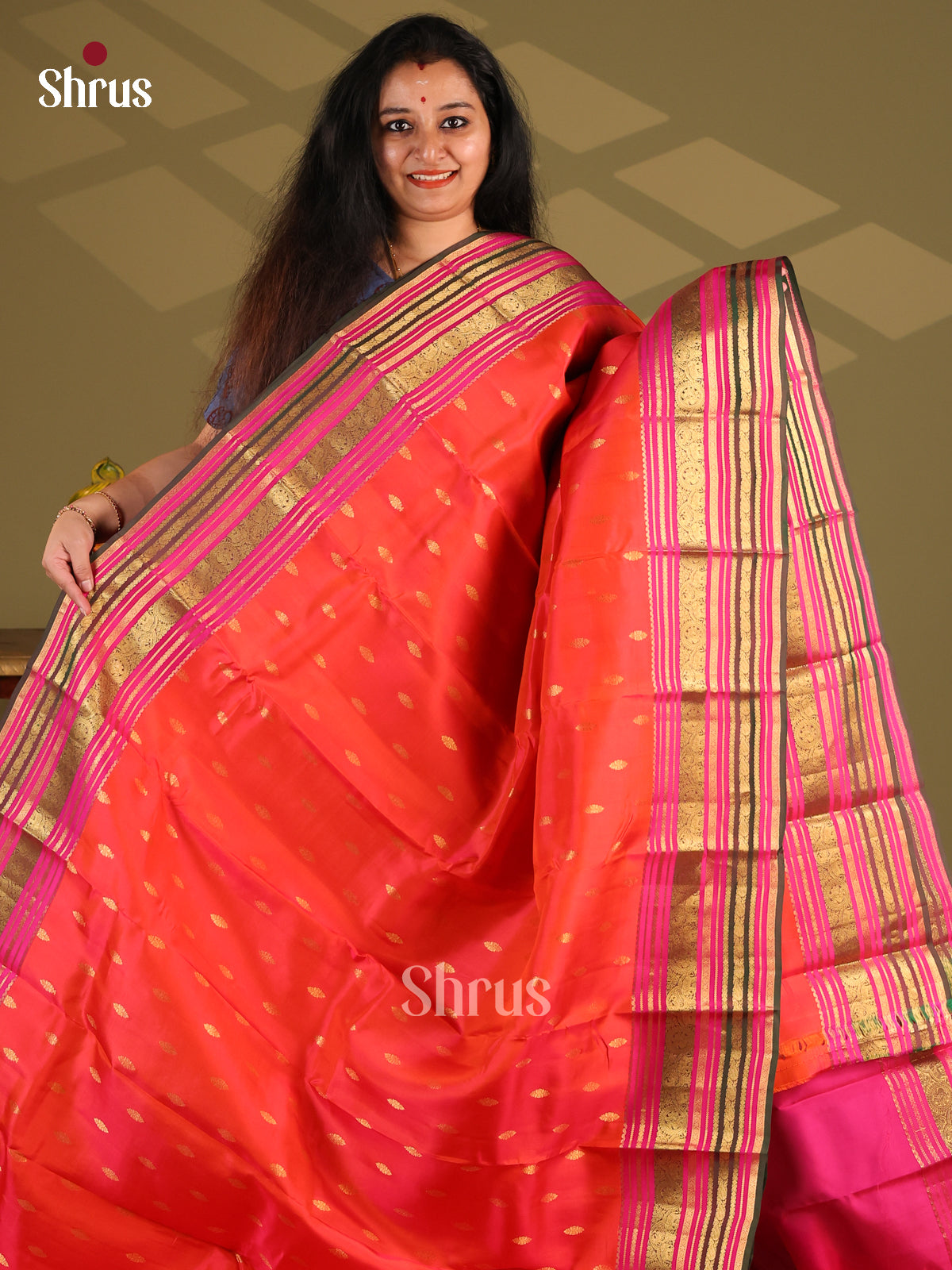 Orange & Pink- Kanchipuram-halfpure Saree - Shop on Shrus.com