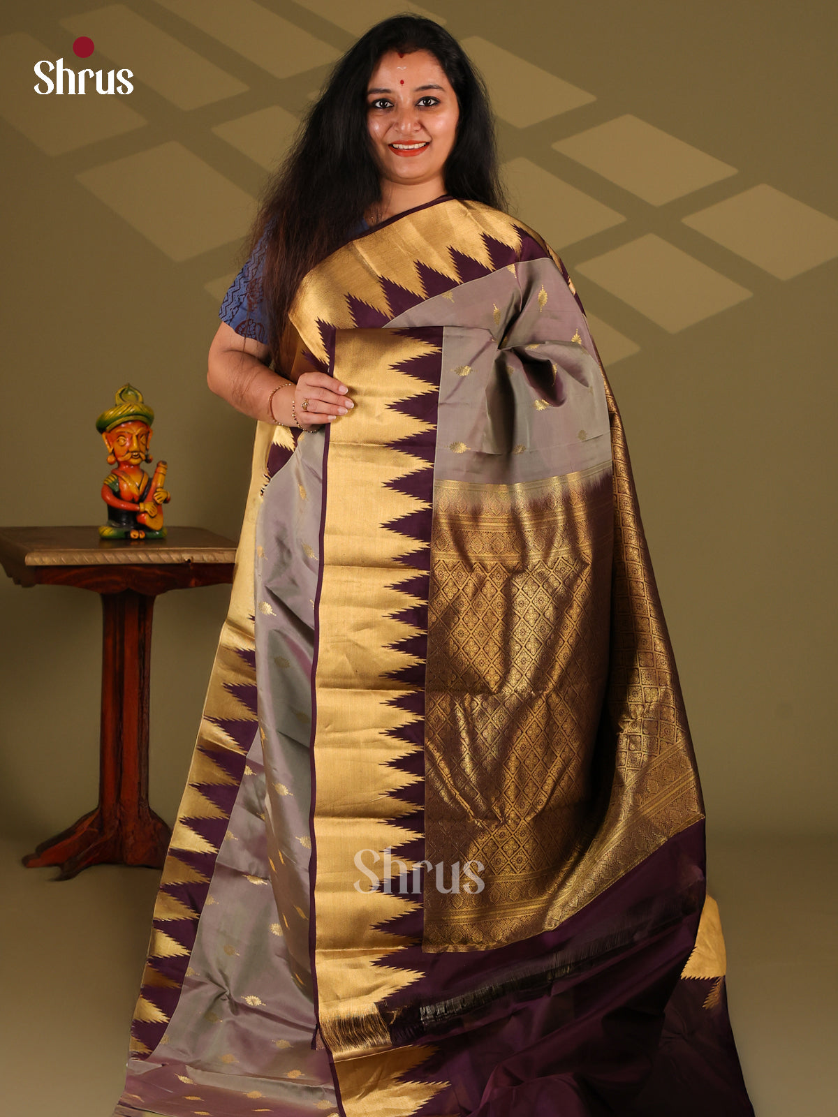 Grey & Maroon- Kanchipuram-halfpure Saree - Shop on Shrus.com