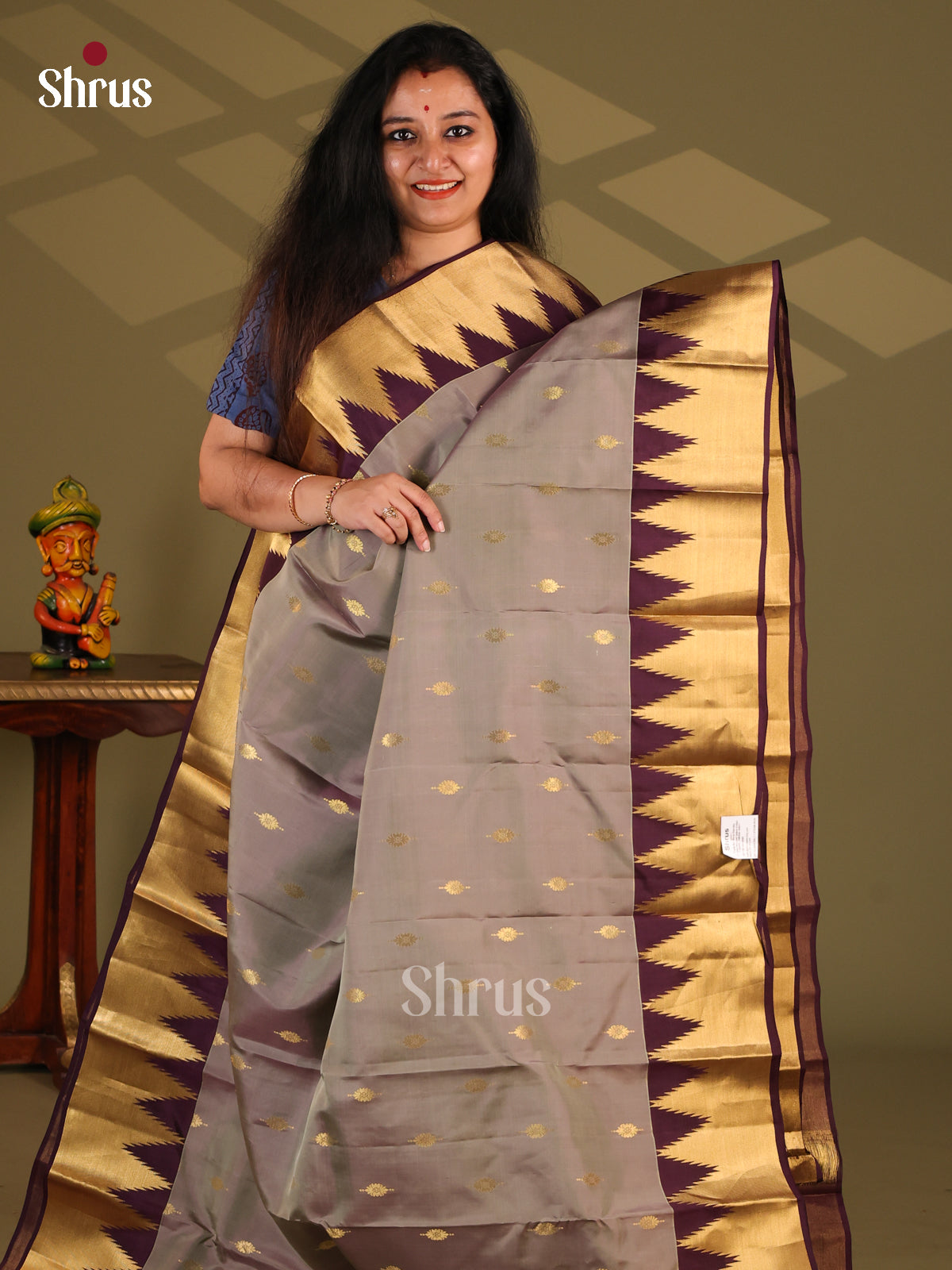 Grey & Maroon- Kanchipuram-halfpure Saree - Shop on Shrus.com
