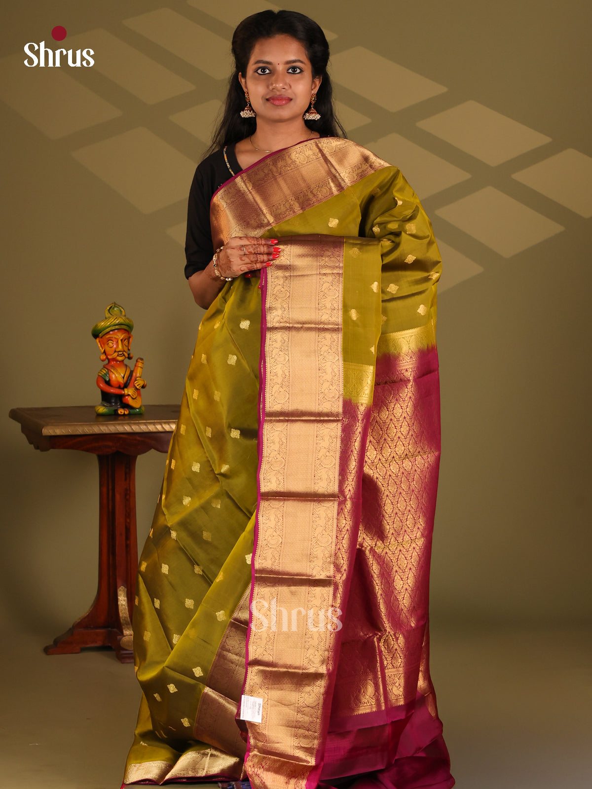 Mehandi Green & Purple- Kanchipuram-halfpure Saree - Shop on Shrus.com