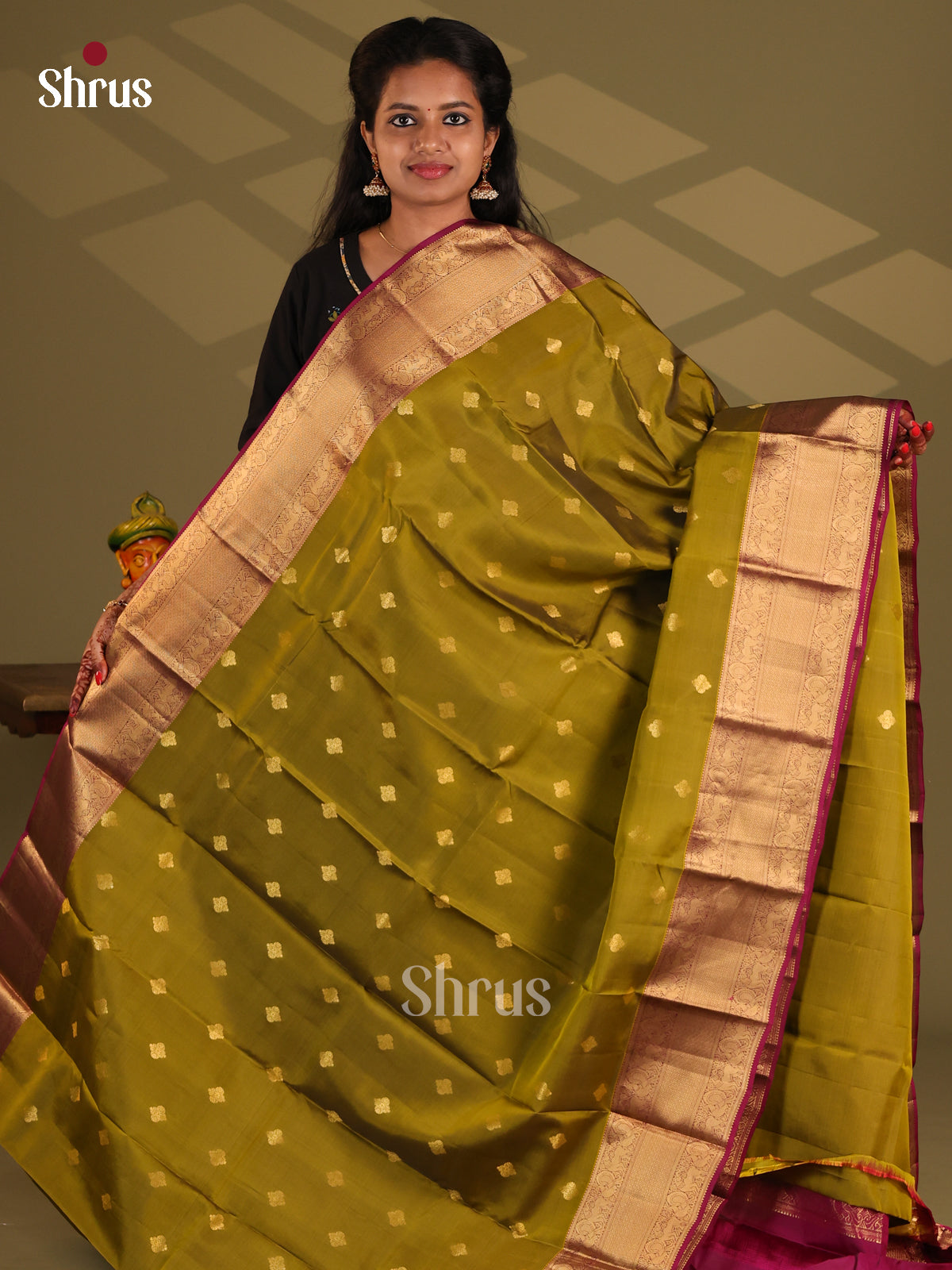 Mehandi Green & Purple- Kanchipuram-halfpure Saree - Shop on Shrus.com