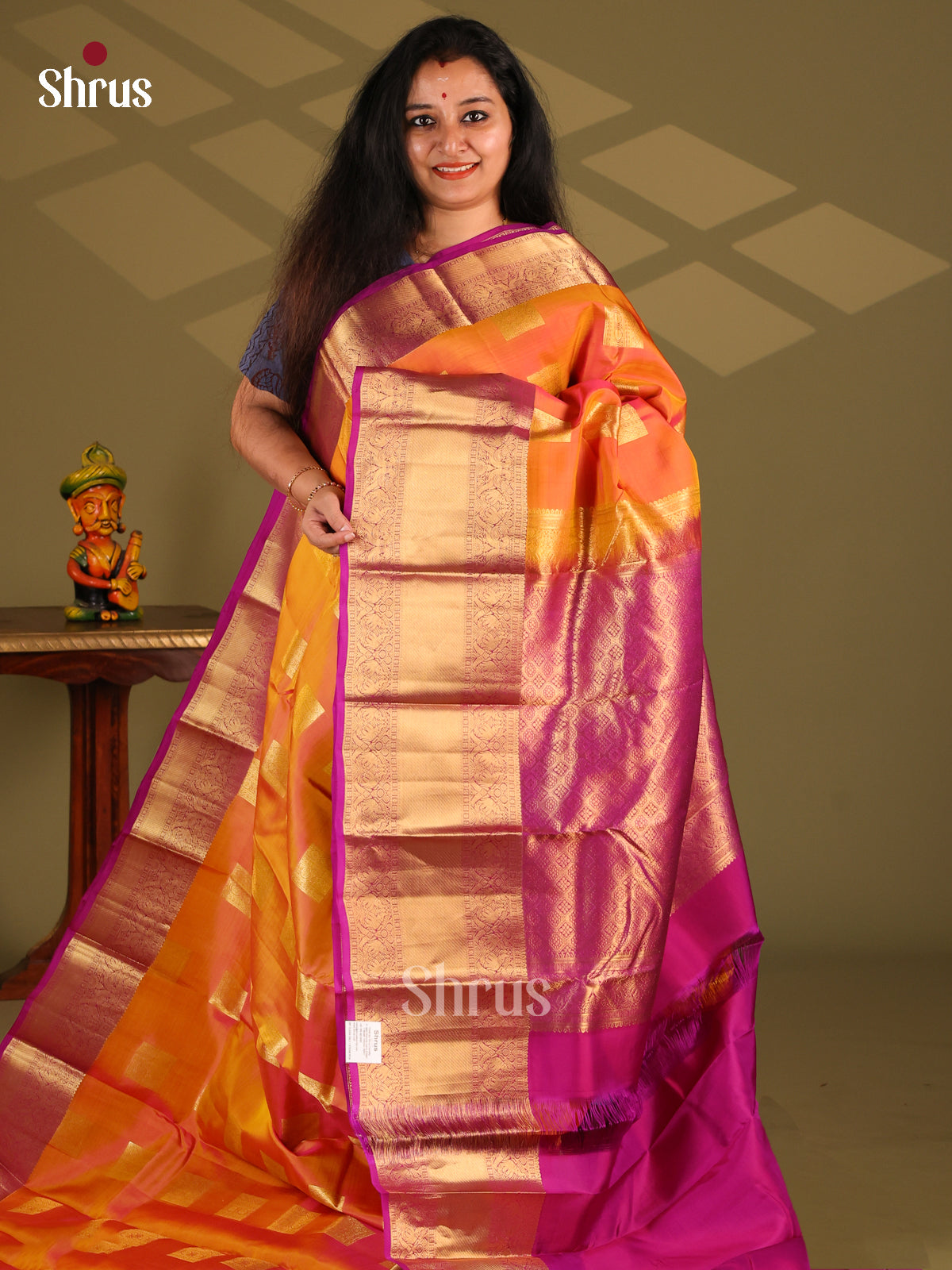 Orange & Purple- Kanchipuram-halfpure Saree - Shop on Shrus.com