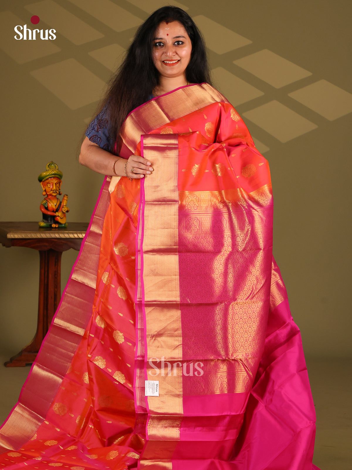 Orange & Pink - Kanchipuram-halfpure Saree - Shop on Shrus.com